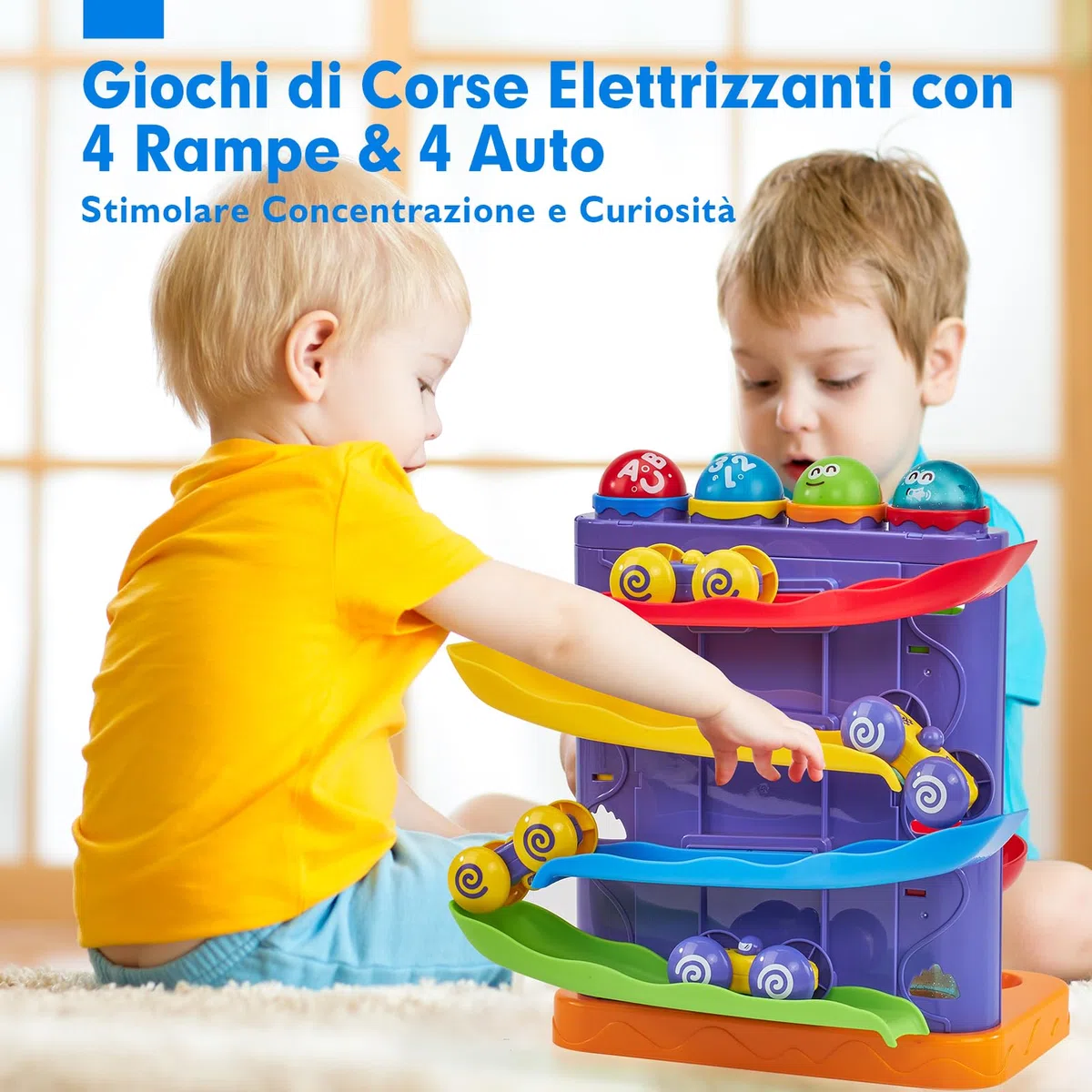 hahaland Giochi Bambini 1 Anno Maschio - Palla Giocattolo 2 in 1 e Rampa per Auto Pista Giocattoli Educativi Montessori con Martello/4 Palline/4 Macchinine, Regali per Bambini di 1 2 3 Anni