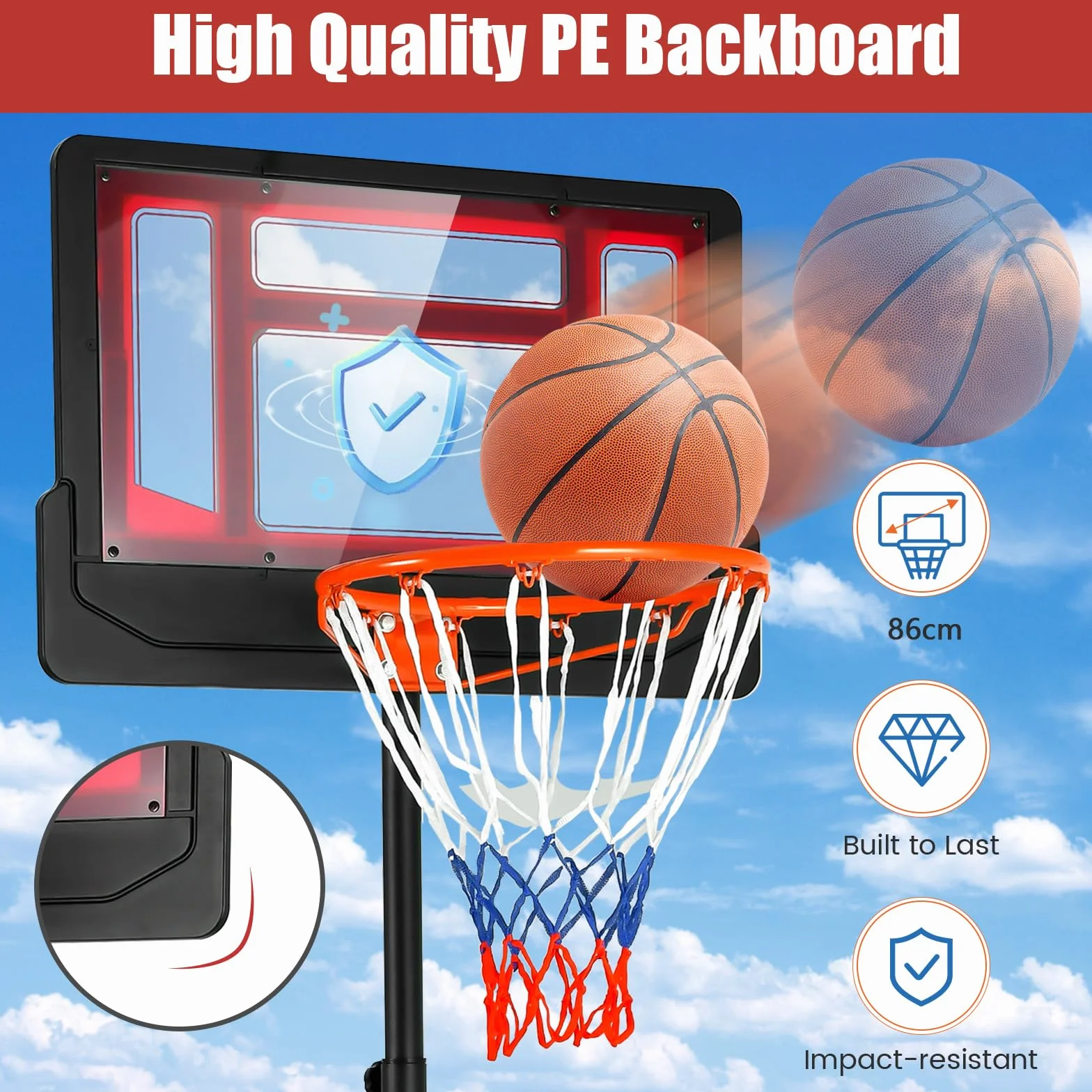 KOMFOTTEU Canestro Basket per Esterno da Pavimento, Canestro da Basket ad Altezza Regolabile 154-210 cm, Supporto da Basket con Base, Portatile con Ruote, Pallacanestro per Interno
