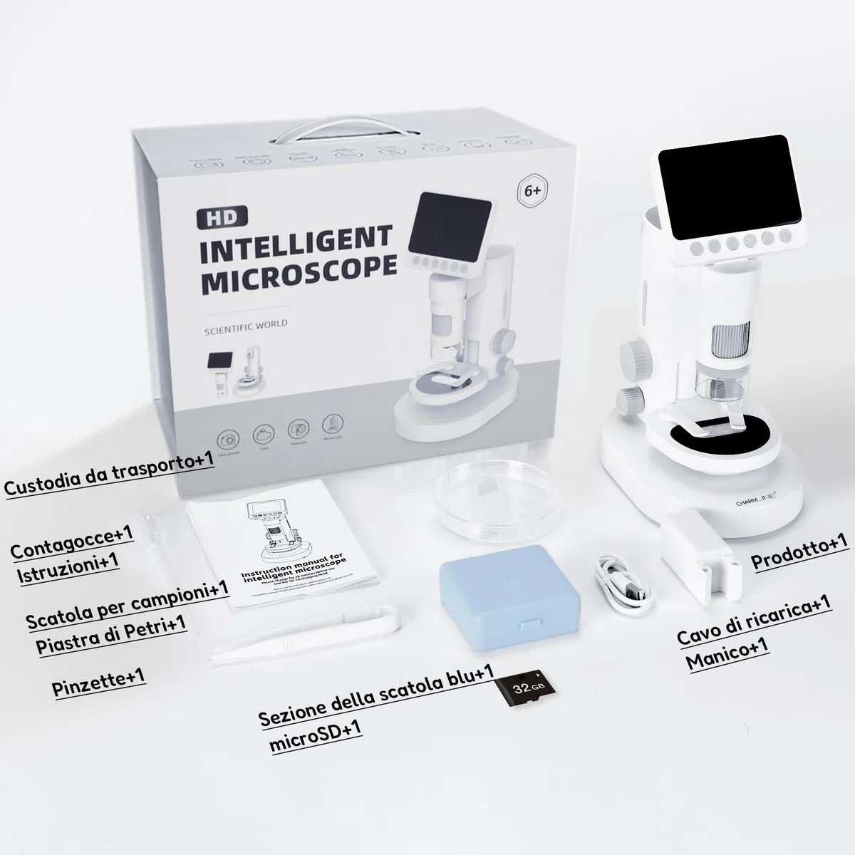 Microscopio 3 in 1 per Bambini, Microscopio Portatile Multifunzionale per Piccoli Esploratori, Ingrandimento 100X–1000X, con Scheda SD da 32 GB, Il Regalo Perfetto per Scoprire il Mondo Invisibile