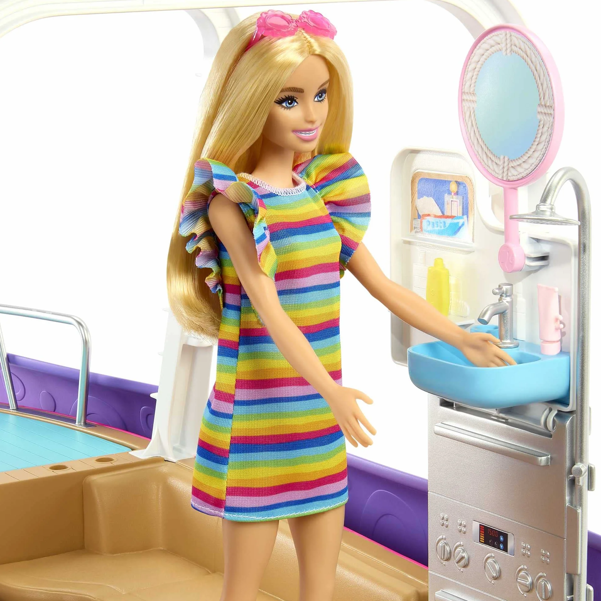 Barbie - Barca dei Sogni, Playset con piscina, scivolo, un delfino e 20+ accessori, giocattolo per bambini, 3+ anni, HJV37