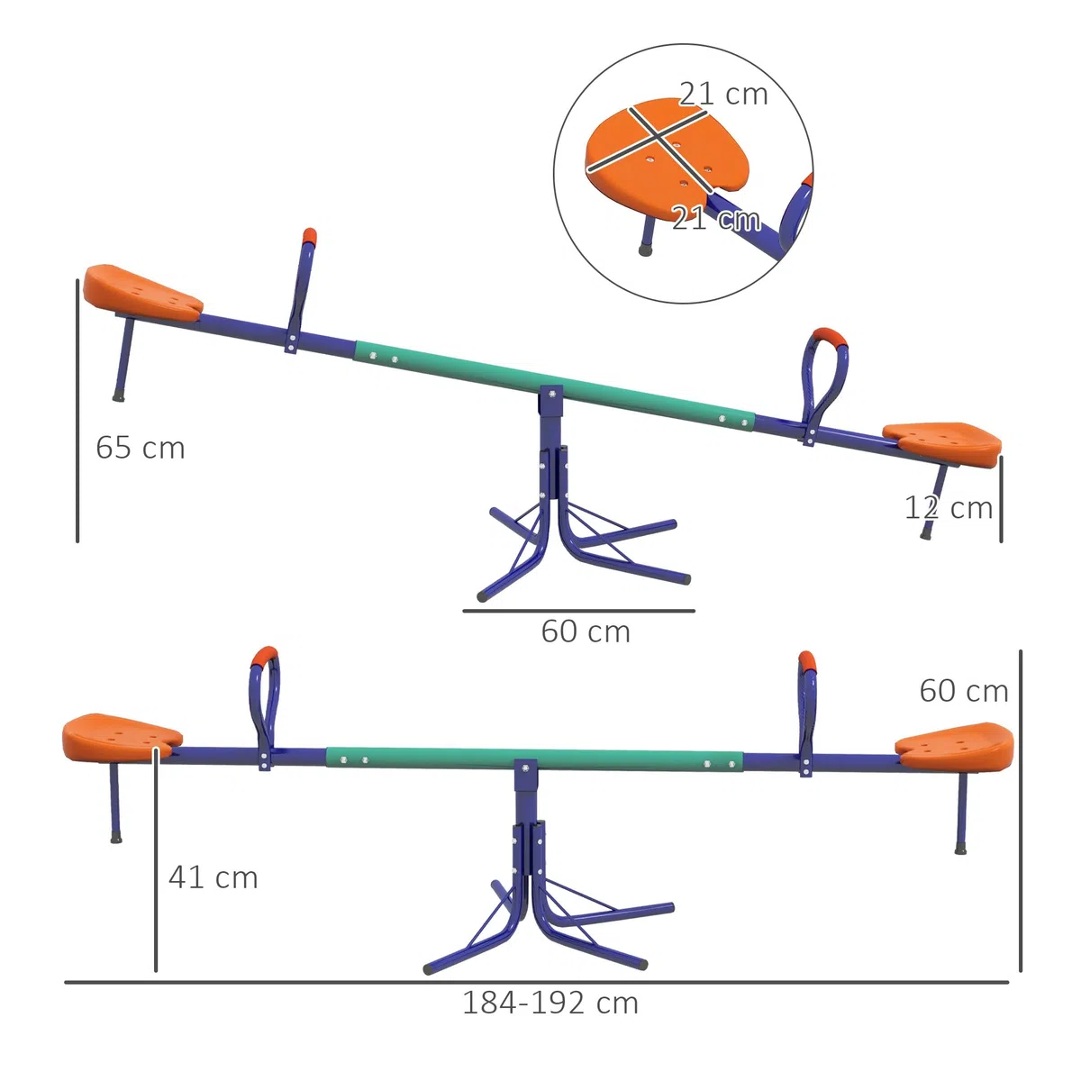 Outsunny Altalena a Bilico per Bambini 3-8 Anni 360° Rotazione Giardino Basculante Acciaio Seggiolini PP 192x60x60 cm Multicolore