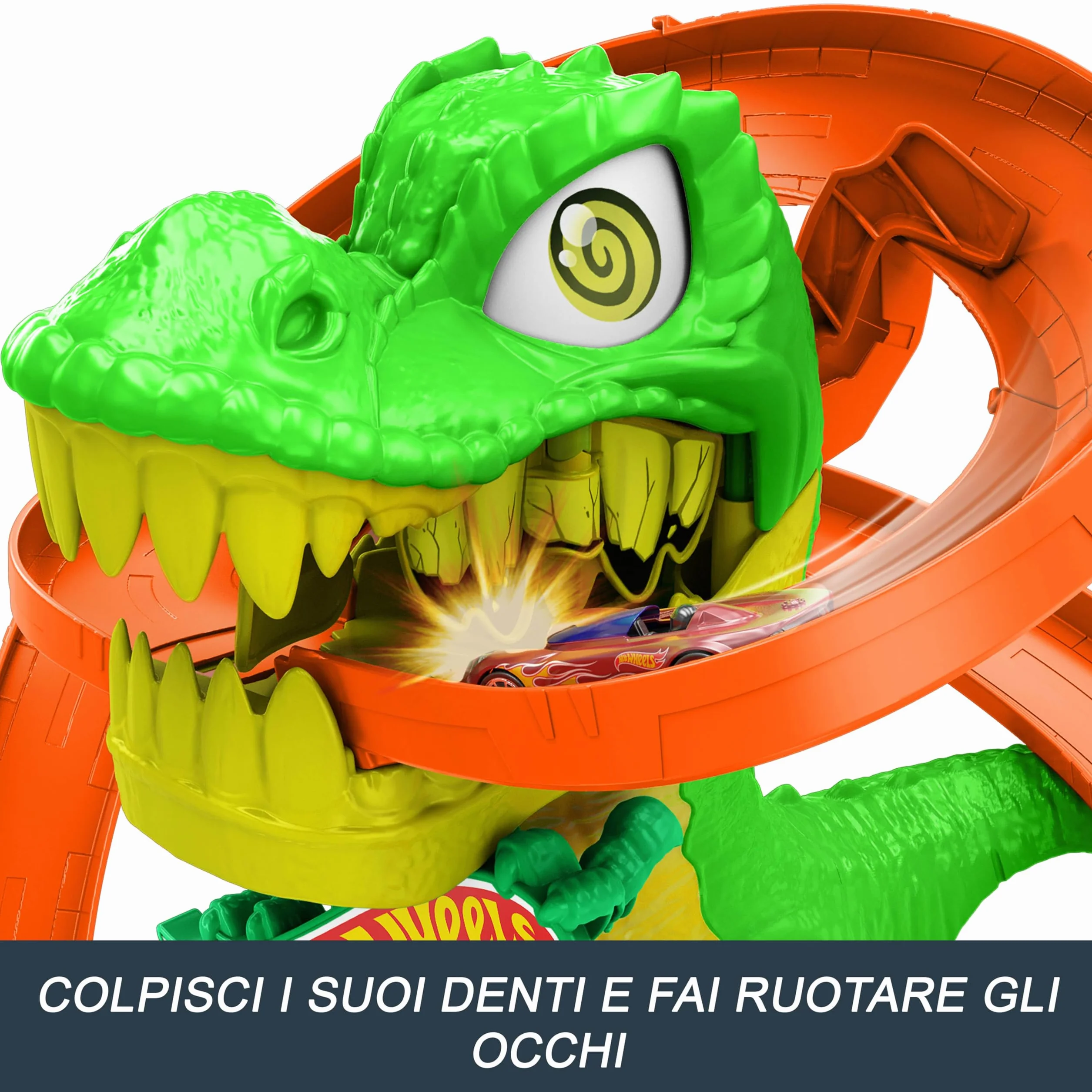 Hot Wheels City - T-Rex Battaglia Infuocata, playset stazione dei pompieri con dinosauro occhi rotanti e pista per gareggiare, camion dei pompieri incluso, giocattolo per bambini, 4+ anni, JBM73