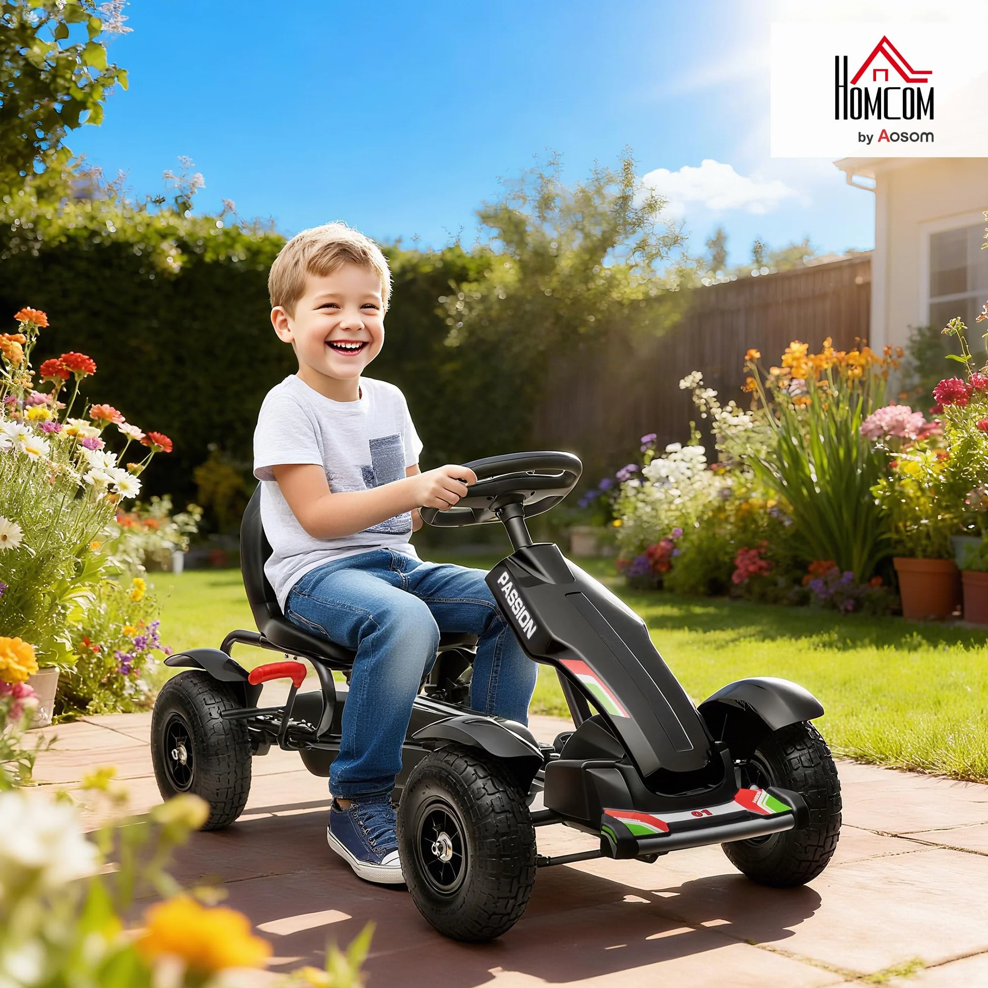 HOMCOM Go Kart per Bambini 5-12 Anni, Kart a Pedali in Plastica e Metallo, Sedile Regolabile, Freno a Mano, Retromarcia, 121x58x61 cm, Nero