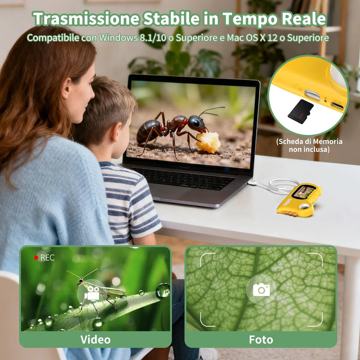 2 in 1 Microscopio Bambini, Deepoter 1000X Microscopio Digitale, Microscopios Portatile con 8 LED Regolabili, Adatto come Regalo di Natale, Compleanno o Capodannodai 3 Aagli 12 Anni, Giallo