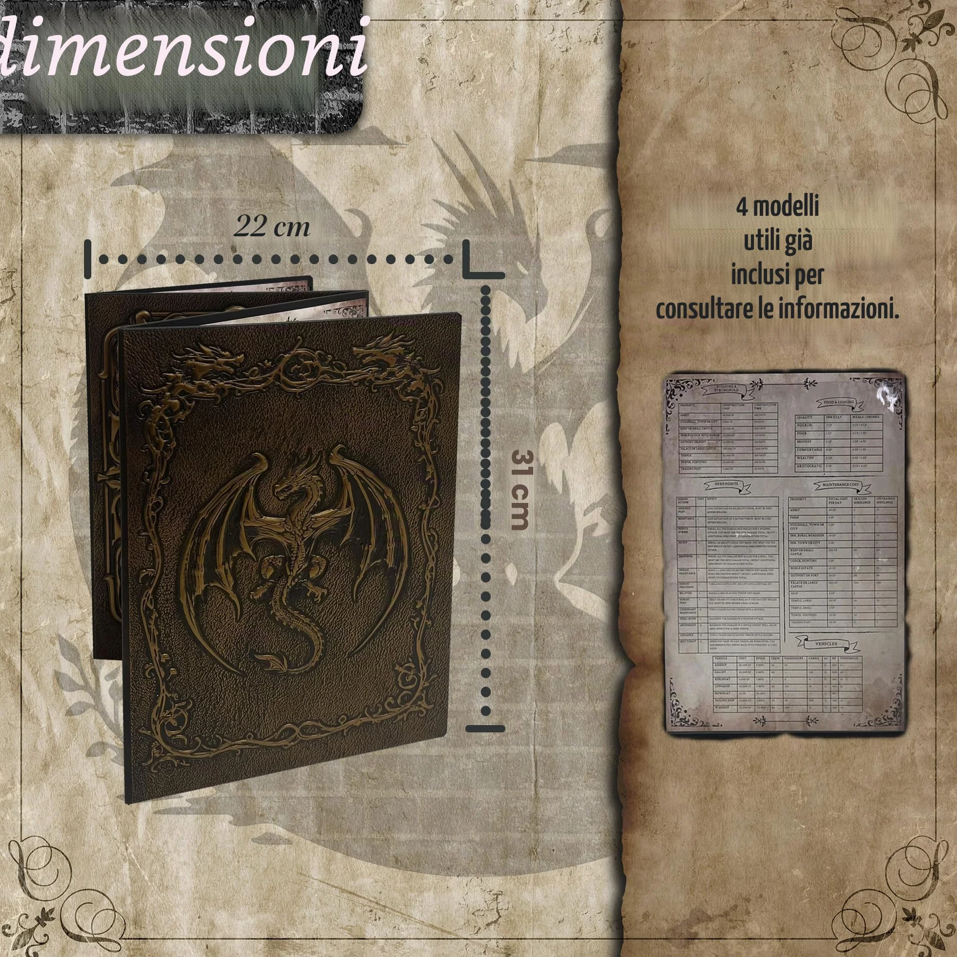 Schermo Dungeon Master con Vassoio per Dadi DOJA Hobbies, DM Screen DnD Pieghevole 4 Pannelli in Pelle Sintetica Dorata con Tasche Personalizzabili, Accessori Dungeons & Dragons Gioco di Ruolo