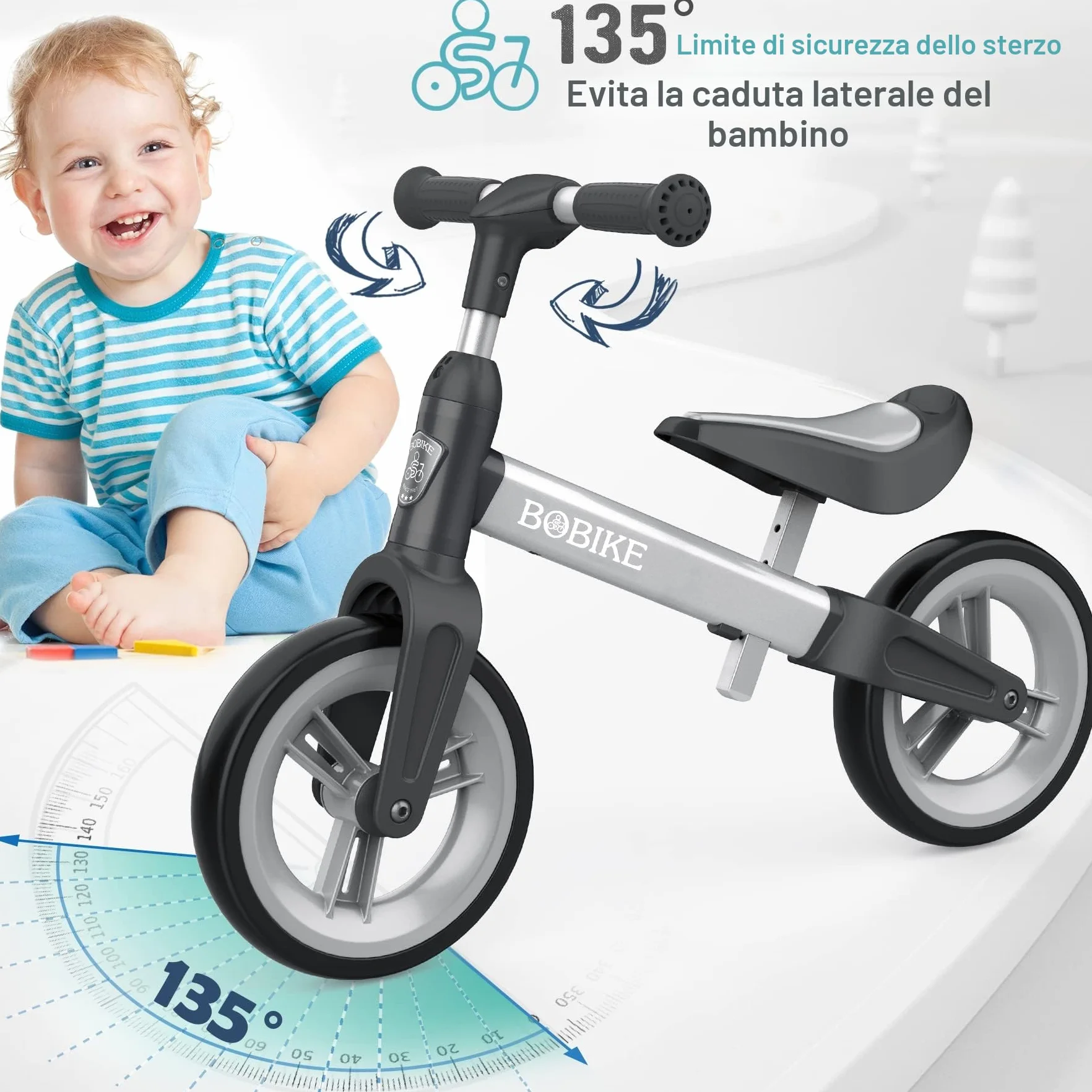 MHCYLION Bicicletta Bambini Senza Pedali per 1,5-4 Anni Fino a 25 Kg, volante e sellino Regolabili in Altezza, Bloccasterzo, Giocattoli Regali per Bambini Bicicletta Equilibrio Bambino,Argento