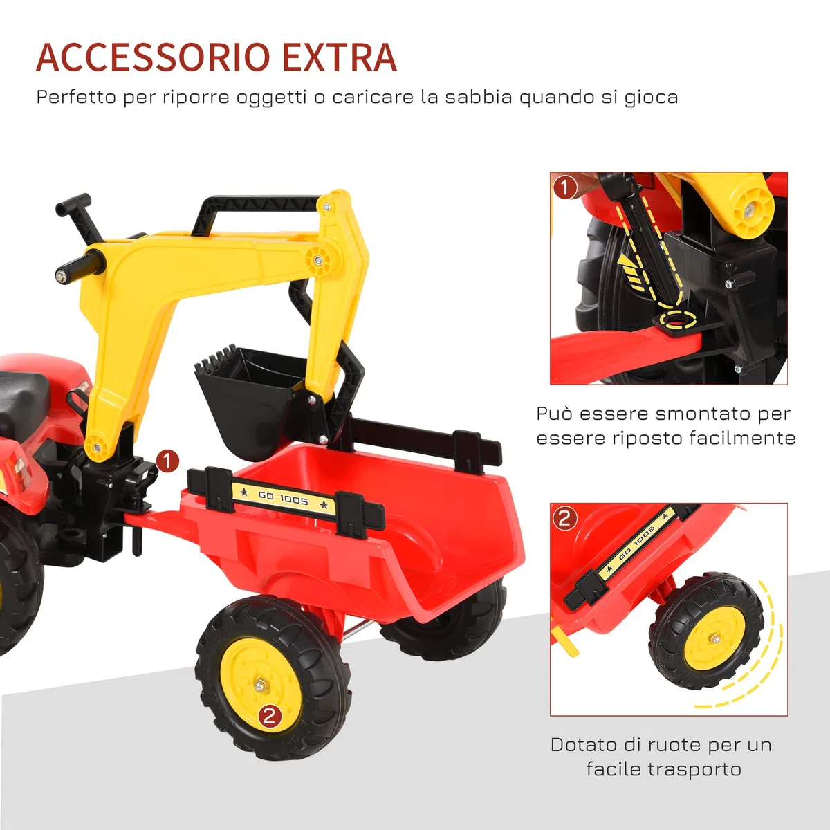 HOMCOM Ruspa Giocattolo a Pedali, Escavatore Cavalcabile per Bambini 179x42x59cm Multicolore