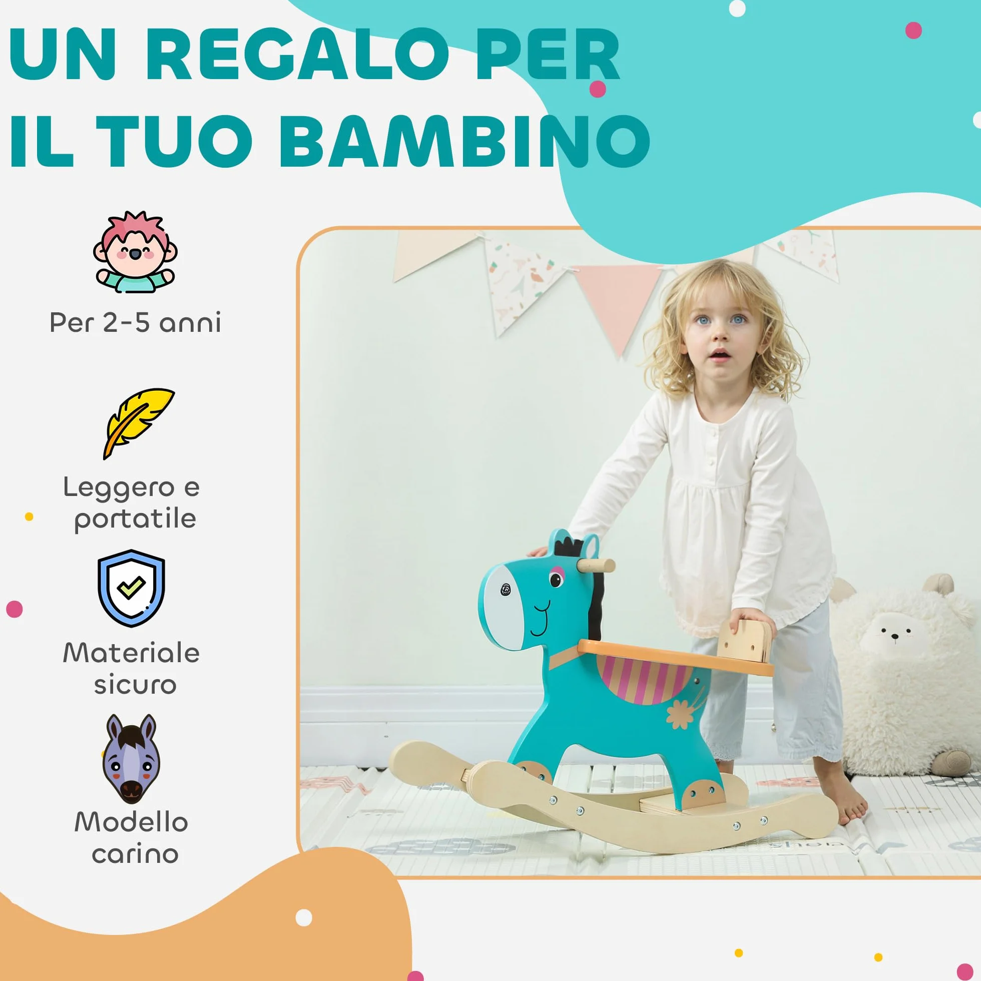AIYAPLAY Cavallo a Dondolo a Forma di Asino per Bambini 2-5 Anni con Base Larga, Cavallino a Dondolo in Legno compensato, 59x27x43 cm, Verde Scuro e Arancione