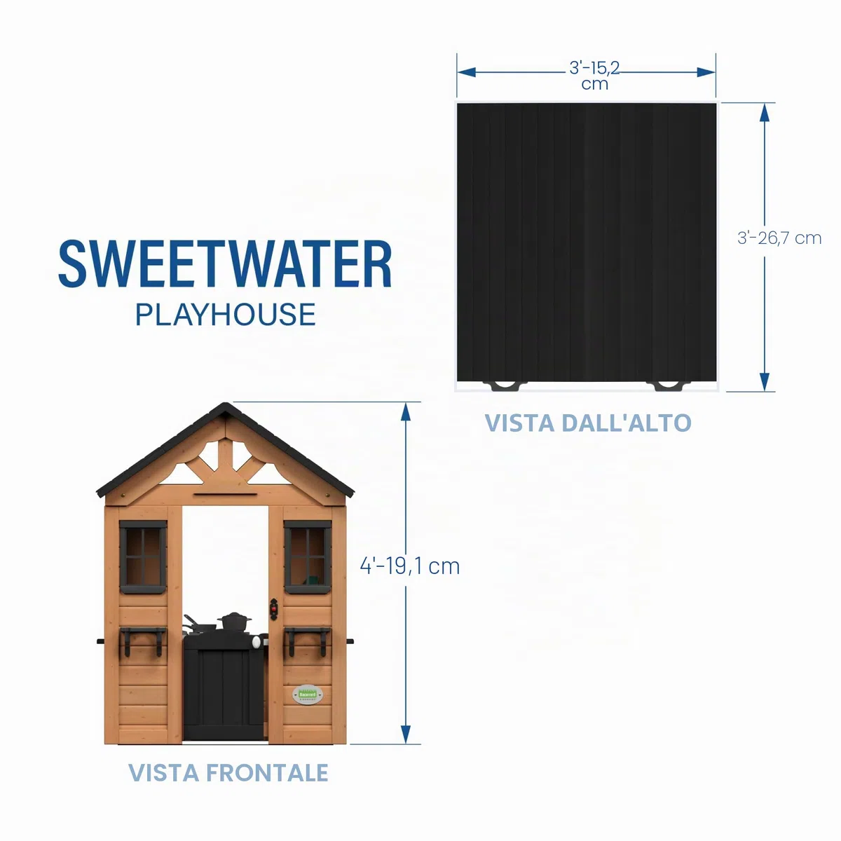 Backyard Discovery Casetta giocattolo Sweetwater in legno per bambini all'aperto con finestre marrone e nero