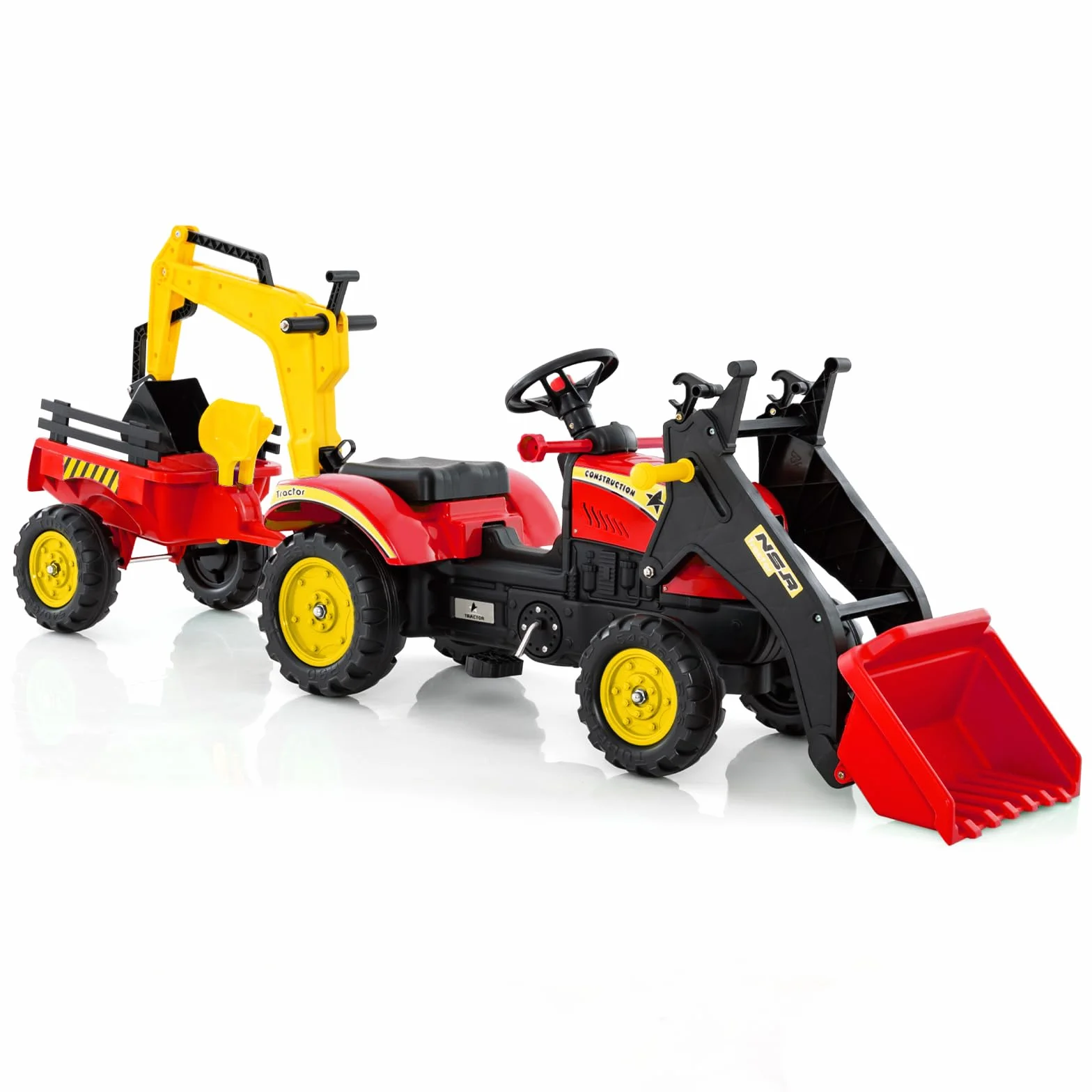 COSTWAY 3 in 1 Escavatore per Bambini, Trattore con Rimorchio Staccabile Cavalcabile, 6 Ruote, 2 Benne, Rosso
