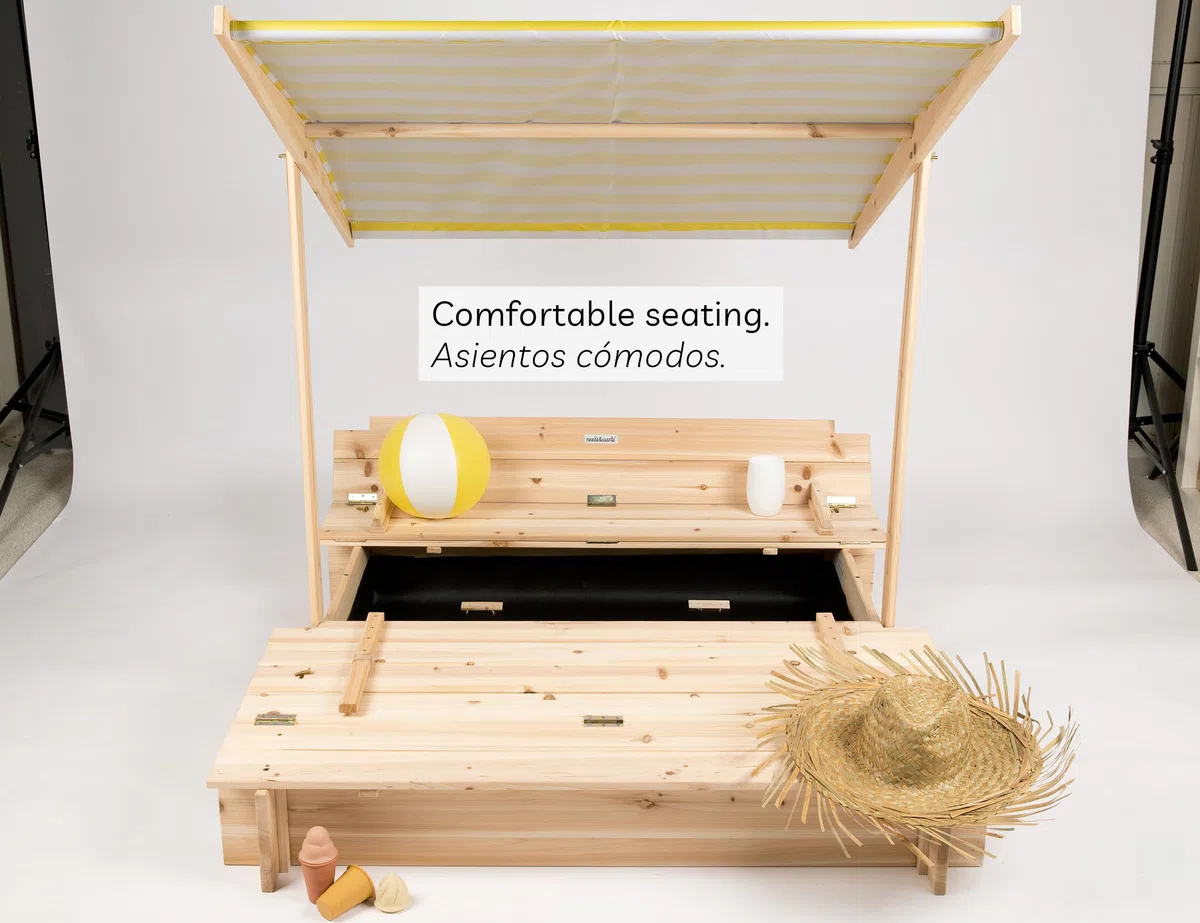 needs&wants® Sabbiera in legno con tetto, copertura e panchina, sabbiera per bambini con coperchio pieghevole, protezione UV, sabbiera quadrata per giardino e parco giochi all'aperto, 120x120 cm