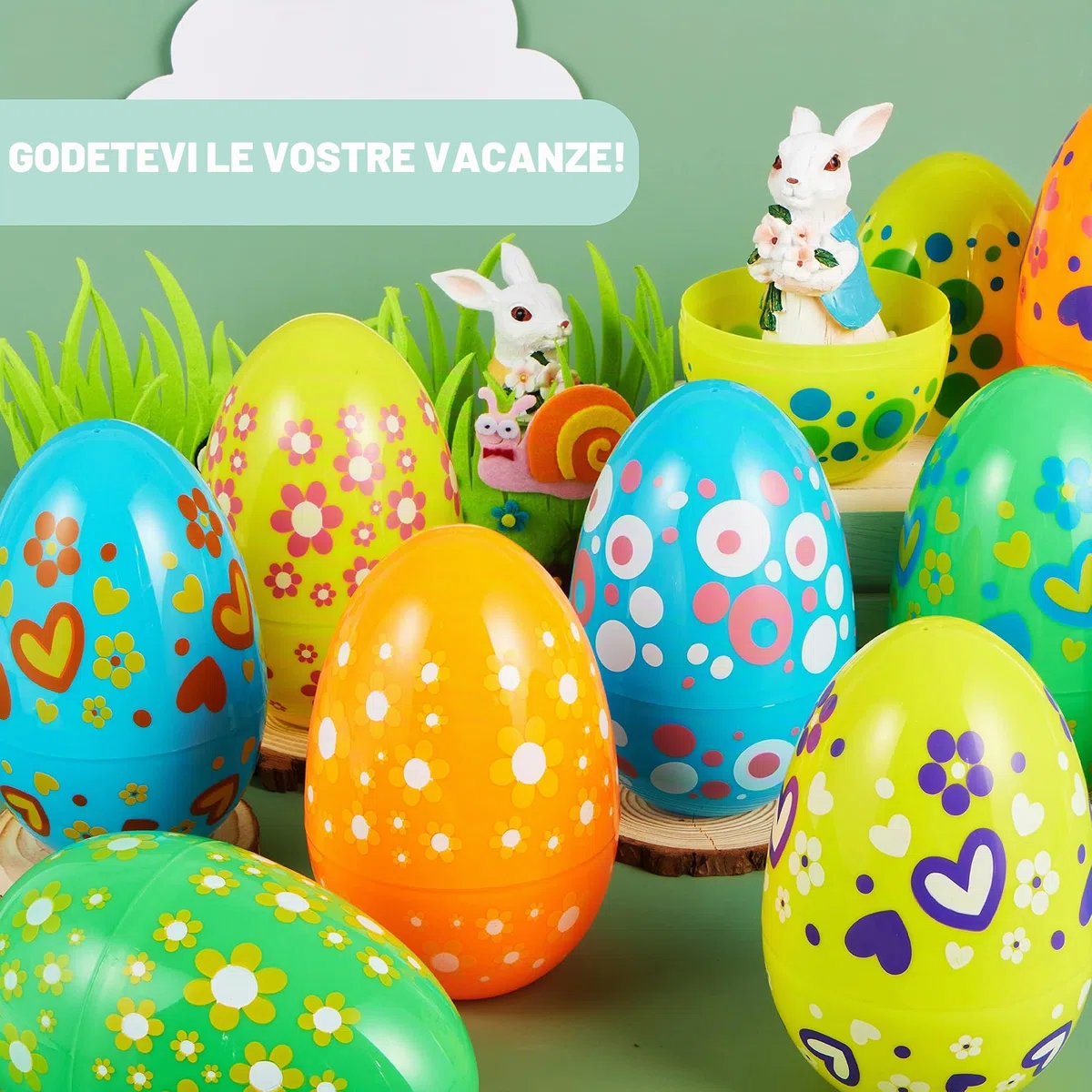 JOYIN 12 uova di Pasqua Jumbo da 17,8 cm, in plastica brillante, tinta unita, 6 colori assortiti, stampate uova vuote per riempire dolcetti, bomboniere, caccia, cestini, riempitivi, premi in classe