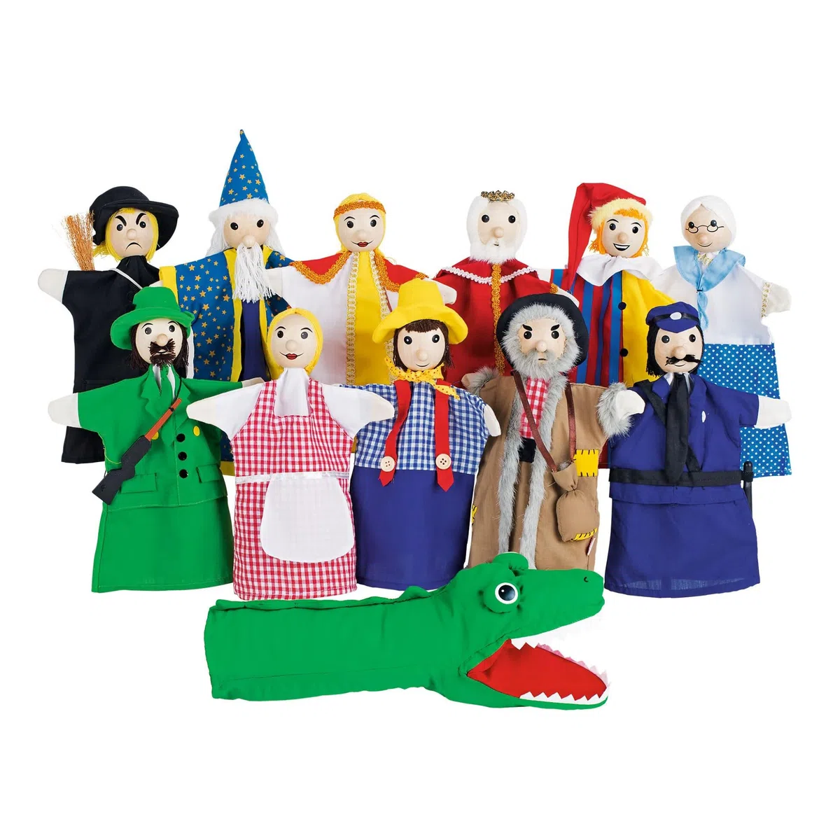 Goki SO450 - Assortimento di burattini a mano con 12 diversi burattini ideali per il teatro dei burattini