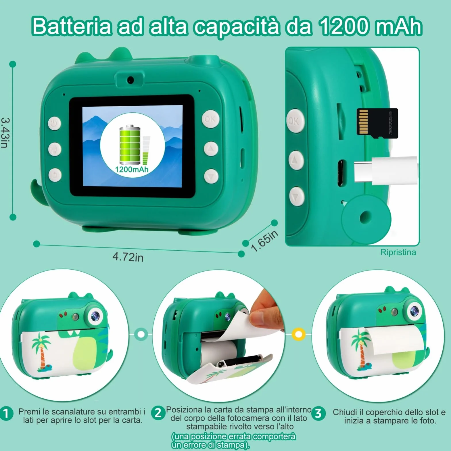 ARNSSIEN Macchina Fotografica Bambini Istantanea, 1080P Fotocamera Istantanea con 7 Rotoli di Carta, Fotocamera Digitale Bambini 2.4 Pollici, Regalo di Natale e Compleanno per Bambino di 3-12 Anni, M3