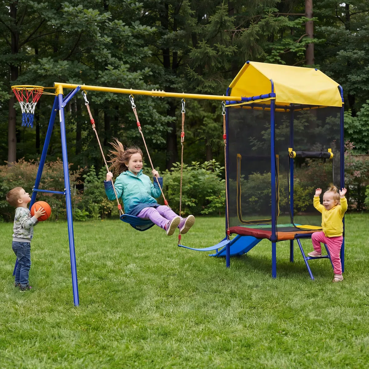 BTM Altalena da Giardino per Bambini Giochi da Giardino per Bambini Esterno con Trampolino, Altalena, Scivolo e Canestro da Basket