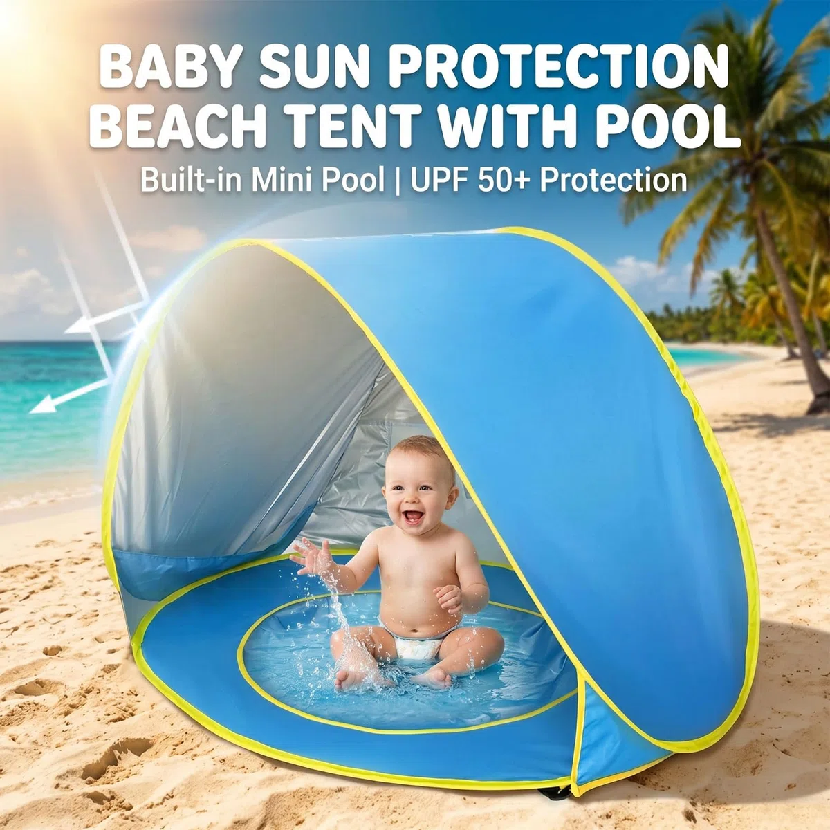 Tenda da Spiaggia Baby Pop Up Anti UV UPF 50+ con Mini Piscina Separabile Portatile per Bambini Blu