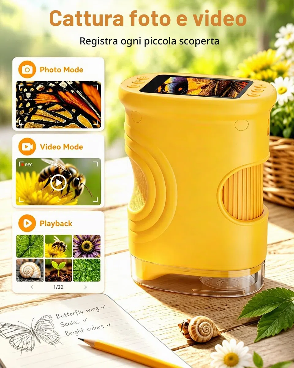 Microscopio Digitale Portatile per Bambini con schermo IPS da 2", Ricaricabile, Memoria Fotografica Integrata, 200X Mini Microscopio da Regali di Natale, compleanno o Capodanno per i 4-12 Anni-Arancio