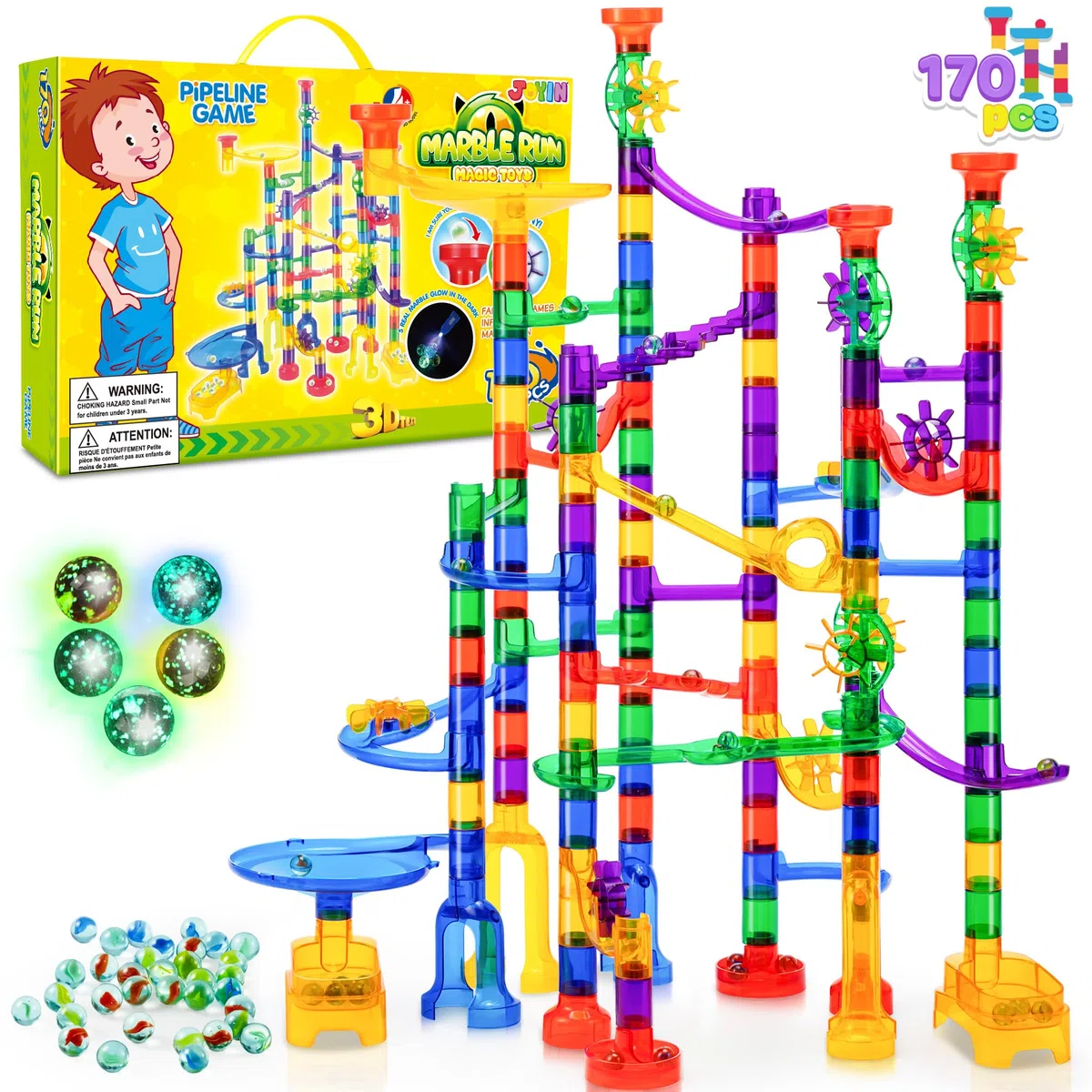 JOYIN - Set di Giocattoli in Marble Run (170 Pezzi), Giocattolo educativo per Costruzione (120 Pezzi in plastica + 50 Marmi di Vetro)