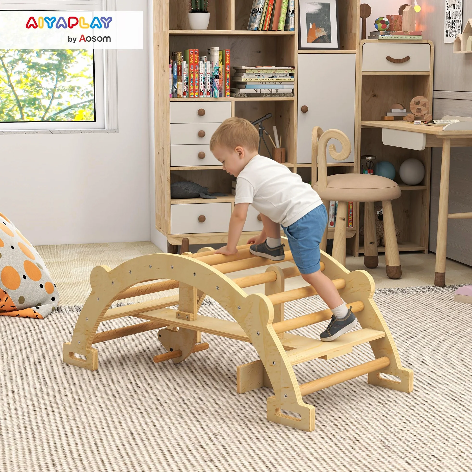 AIYAPLAY Arco Montessori per Bambini 2-4 Anni Convertibile in Dondolo, Gioco Arrampicata in Legno, 110x52x45 cm, color Legno