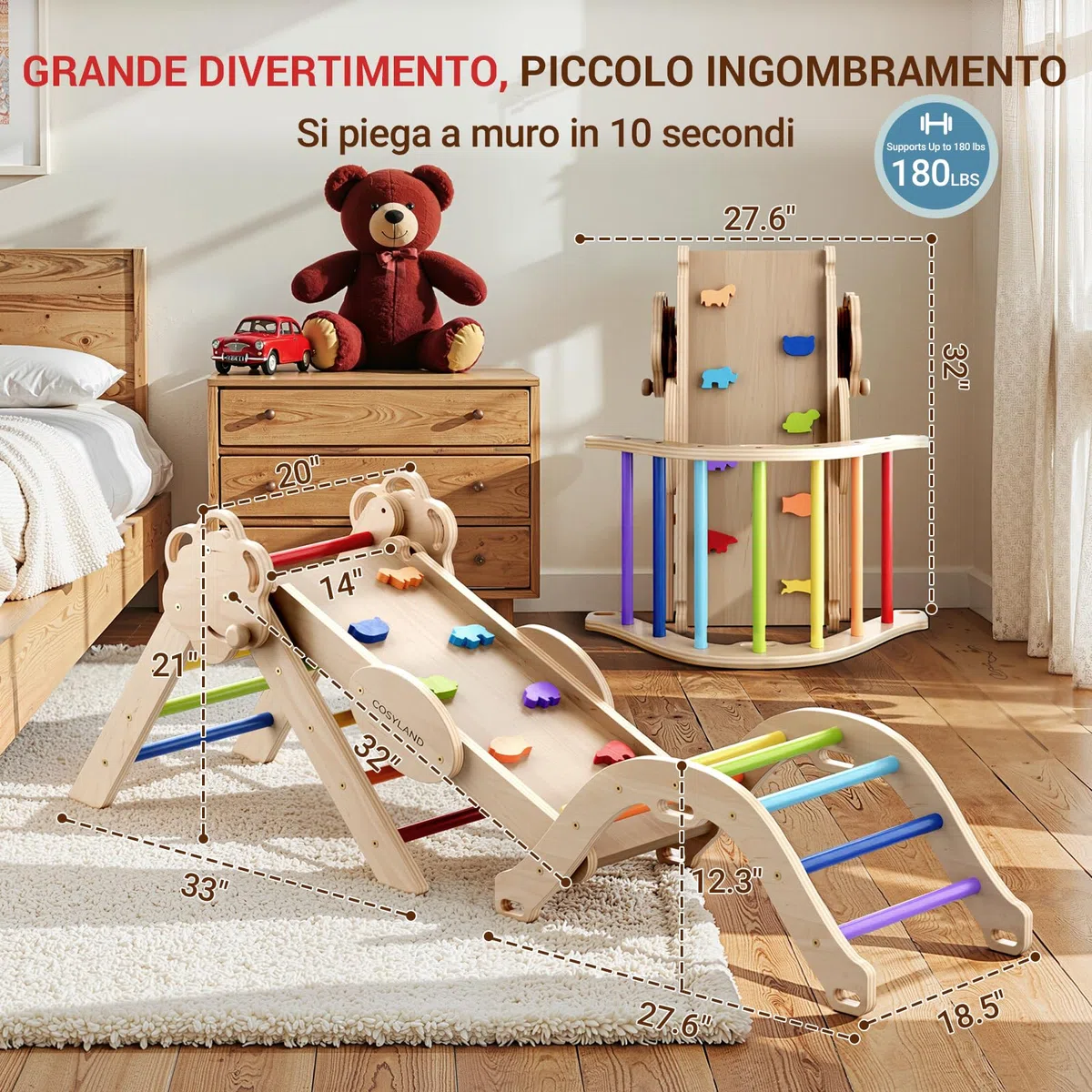 COSYLAND Set Arrampicata 8 in 1 Bambini Triangolo Pikler Arco Montessori Scivolo Pieghevole Interno 18M-3A Arcobaleno Classico