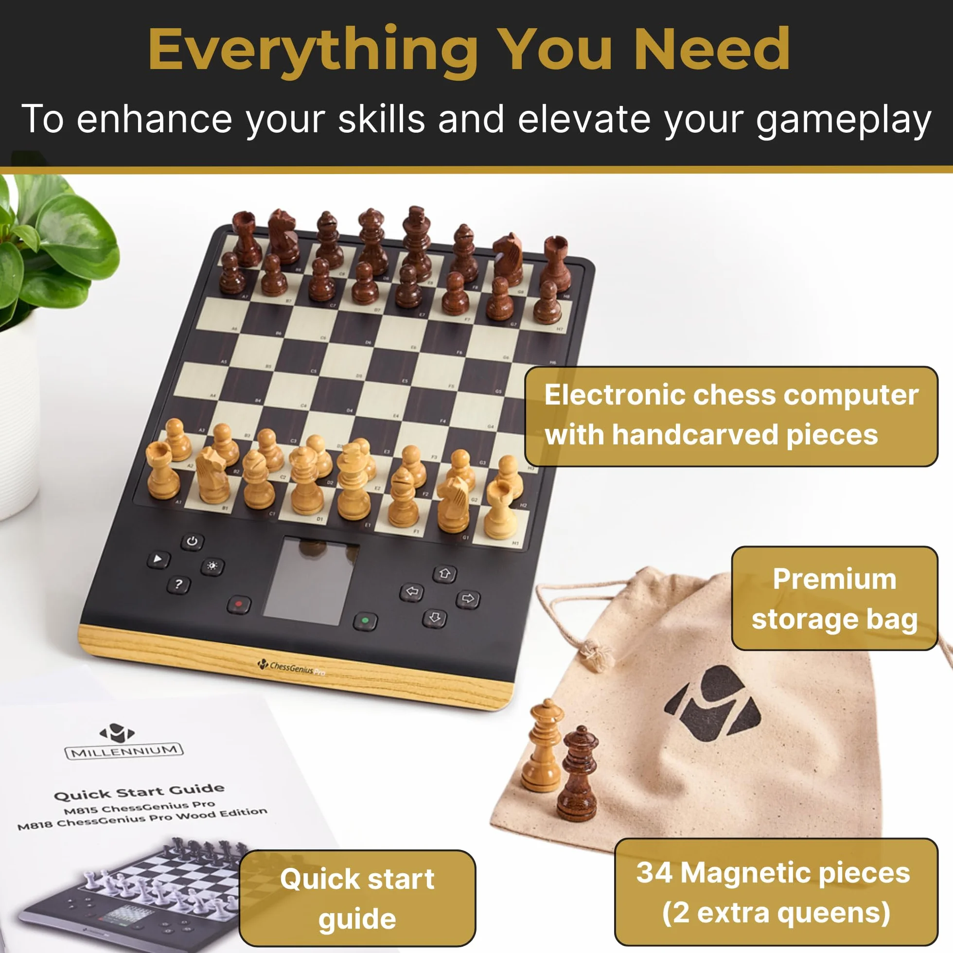 Computer per scacchi MILLENNIUM ChessGenius Pro Wood Edition - Elegante look in legno con pezzi in vero legno, facile da usare, ideale per i giocatori per hobby con funzioni di apprendimento AI