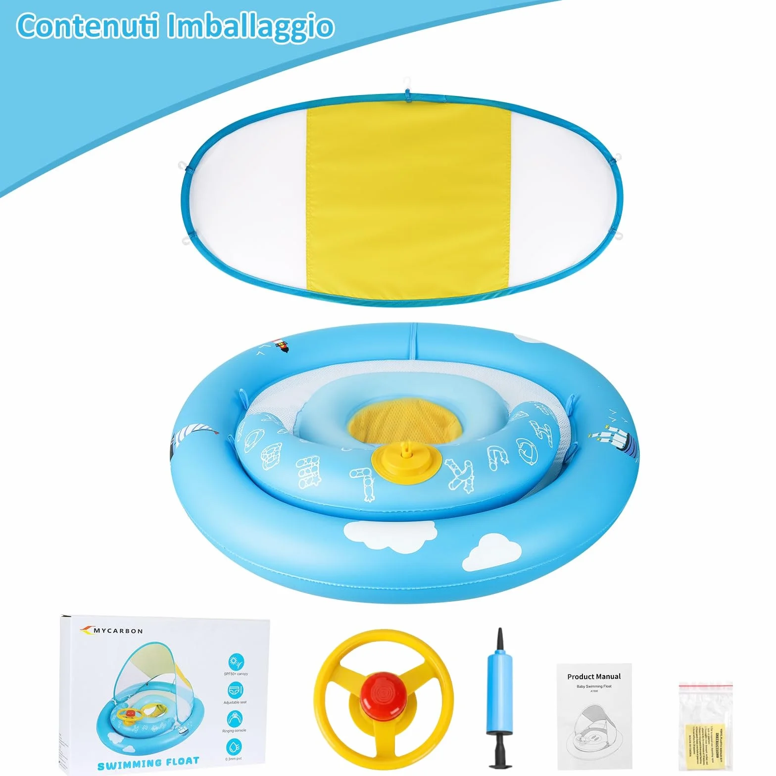 MYCARBON Salvagente Neonato 6 Mesi – 30 Mesi con Parasole Mutandina Regolabile Salvagente Bambini con Pompetta Galleggiante Ciambella per Mare Piscina