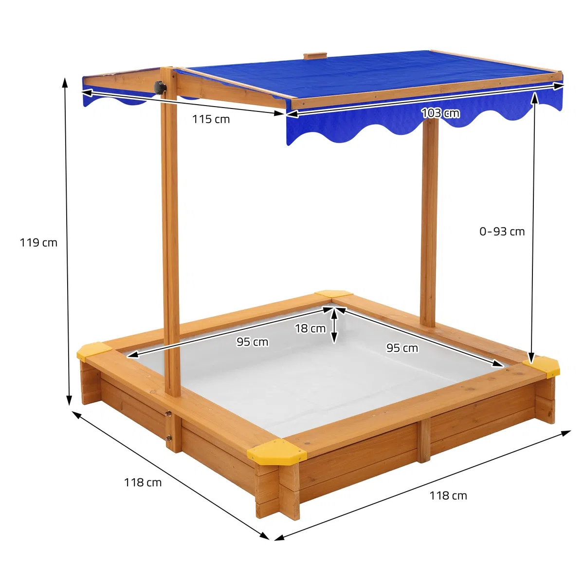 ML-Design Sabbiera con Tetto Regolabile 118x118 cm, in Legno Massello, Sandbox per Bambini con Copertura, Tessuto Base e Bordi Rinforzati, Protezione UV 50, Sabbionaia da Giardino, Gioco da Esterno