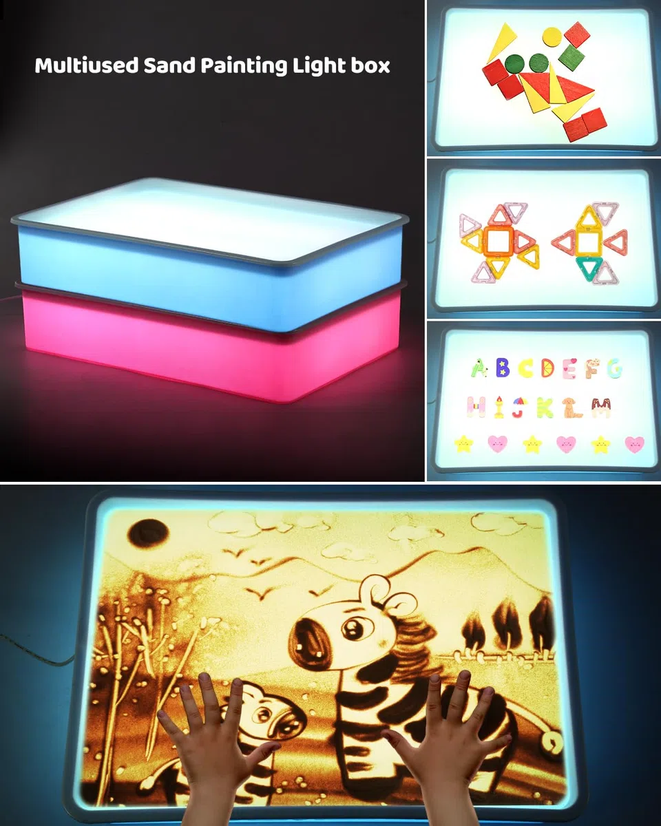 AtMini Scatola Luminosa Per Pittura a Sabbia Per Bambini Con 4 Confezioni di Sabbia Naturale, Set di Vassoio di Sabbia Per Bambini a Partire Dai 3 Anni (blu)