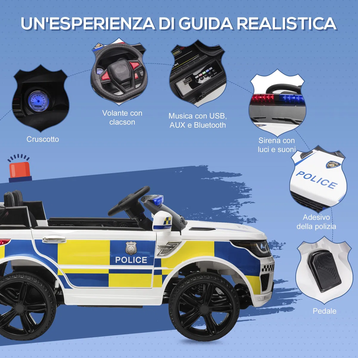 HOMCOM Macchina Elettrica per Bambini Polizia 12V Telecomando Sirena Luci USB Musica 110x68x52cm Bianco