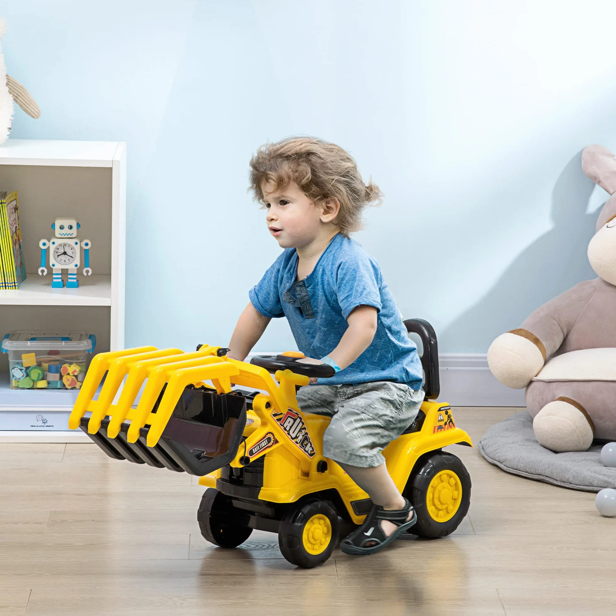 HOMCOM Escavatore per Bambini 2-4 Anni Manuale con Pinza, Pulsante per Suoni e Spazio Portaoggetti Nascosto, in PP e ABS, 83x27x39 cm, Giallo e Nero