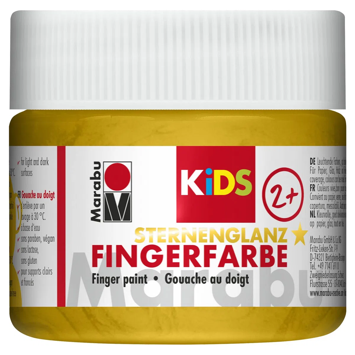 Marabu 03030050784 - Vernice a Dita Kids Oro Metallizzato 100 ml, a Base d'Acqua, Senza parabeni, vegana, Lavabile, per Bambini dai 3 Anni in su