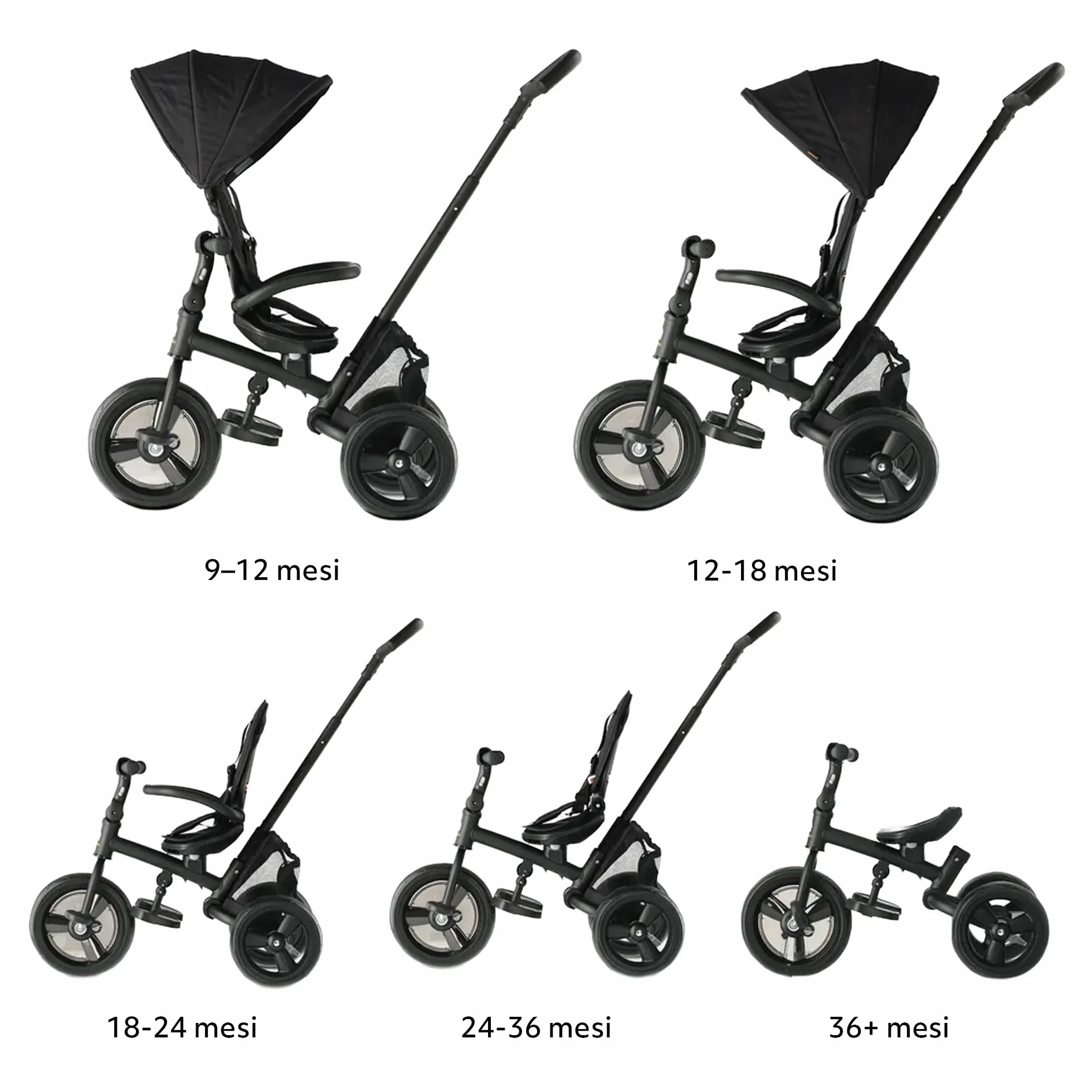 Deryan Explorer Triciclo da 9 Mesi fino a 25 kg – Triciclo per Bambini con Maniglione di Spinta – Sedile Girevole – Tettuccio Estensibile con Protezione Solare – Nero