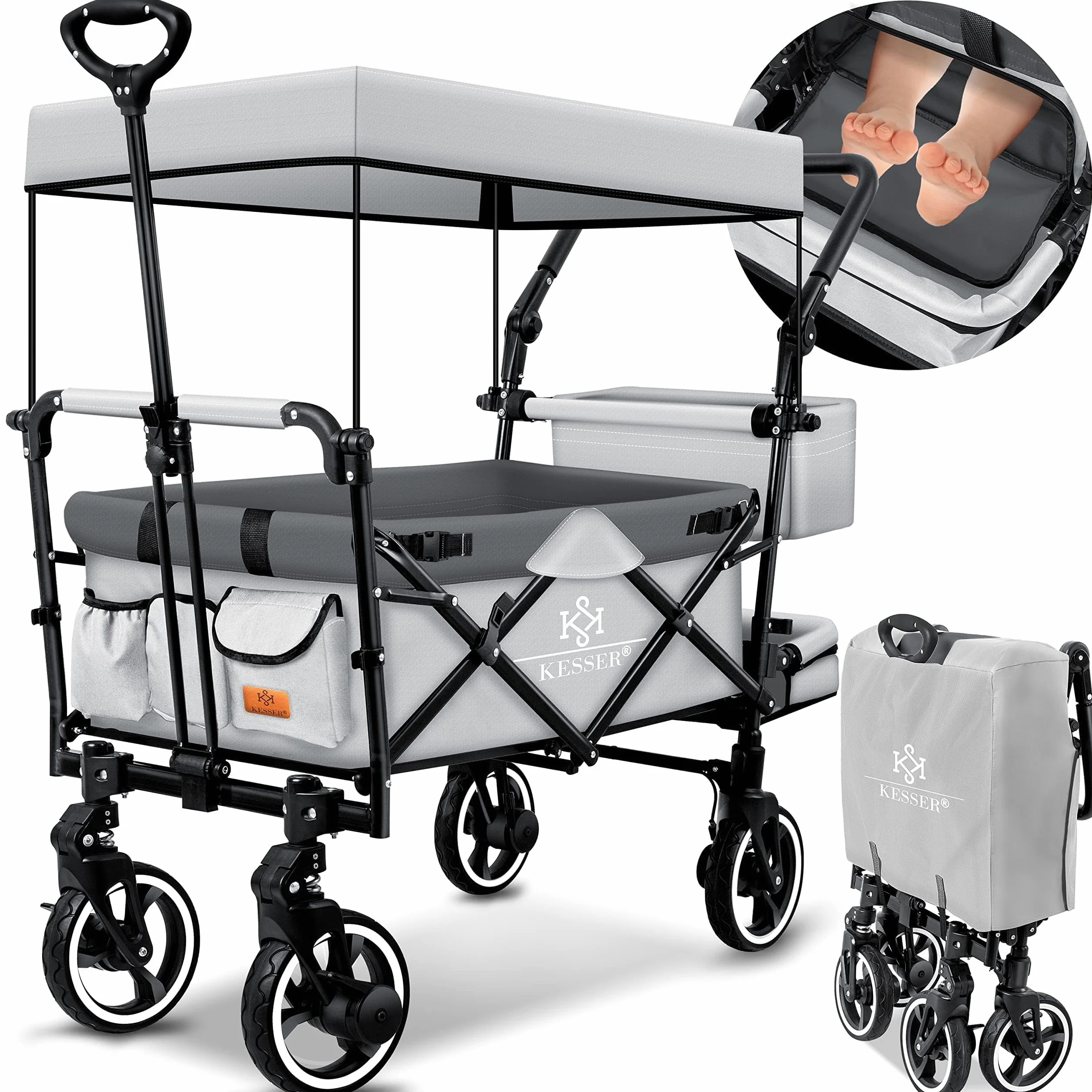 KESSER® - Carrello pieghevole manuale GTS-9100 con tettoia, carrello pieghevole con 2 sistemi con cinture a 3 punti, ruote in gomma girevoli a 360° e sistema di prolungamento interno, freno anteriore