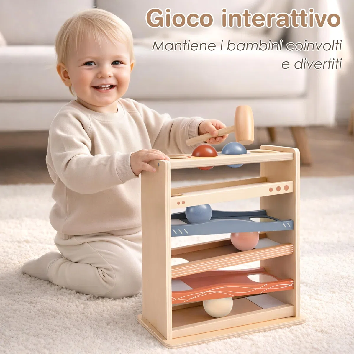 Vanplay Pista Biglie Legno Bambini 1 Anno Gioco Martello 4 Palline Giocattolo Montessori