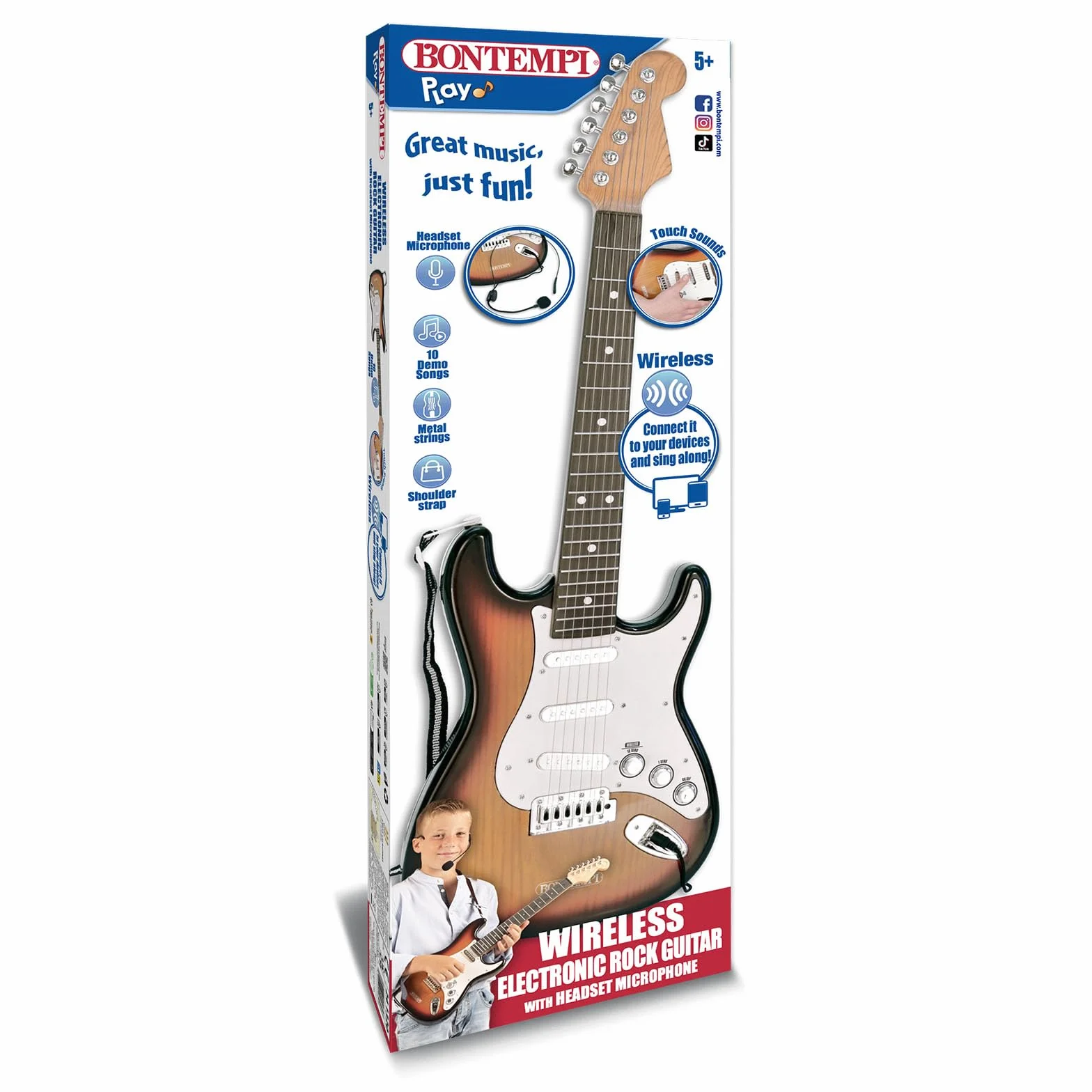 Bontempi | Rock On - Chitarra Rock Elettronica Wireless con Microfono, Cinghia a Tracolla e Brani Preregistrati , 67 cm
