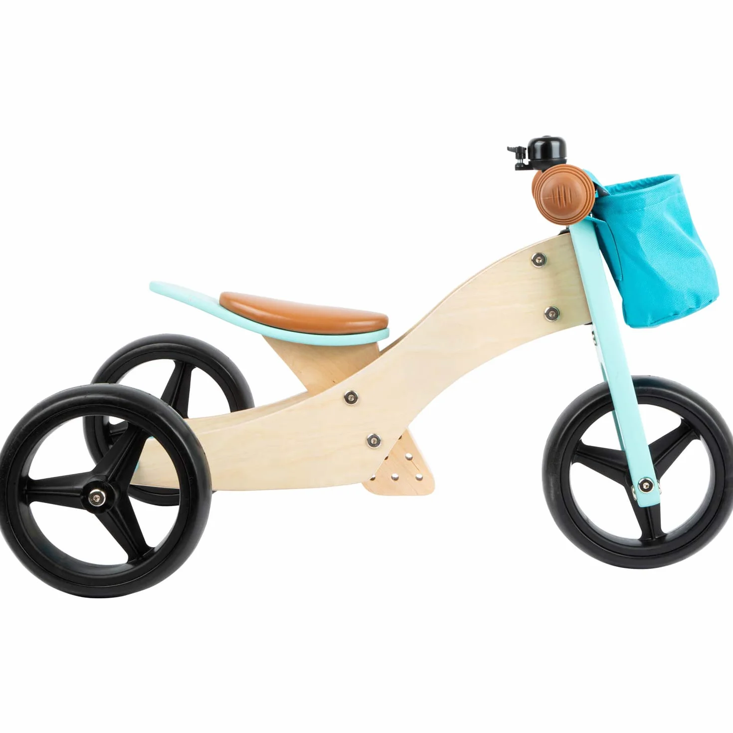 small foot Biciclettina Triciclo turchese in legno, 4 in 1 con sella regolabile e ruote gommate, da 1 anno, 11610