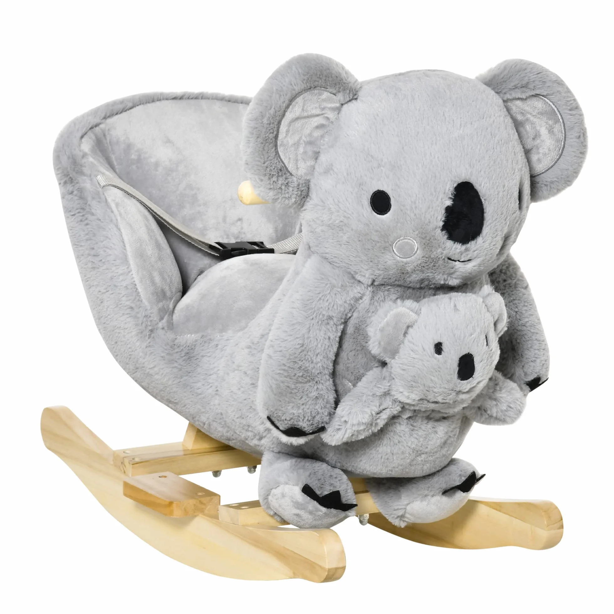 HOMCOM Cavallo a Dondolo Koala in Peluche Imbottita con Suoni, Cintura di sicurezza e Base in Legno, 60x33x50cm, Grigio
