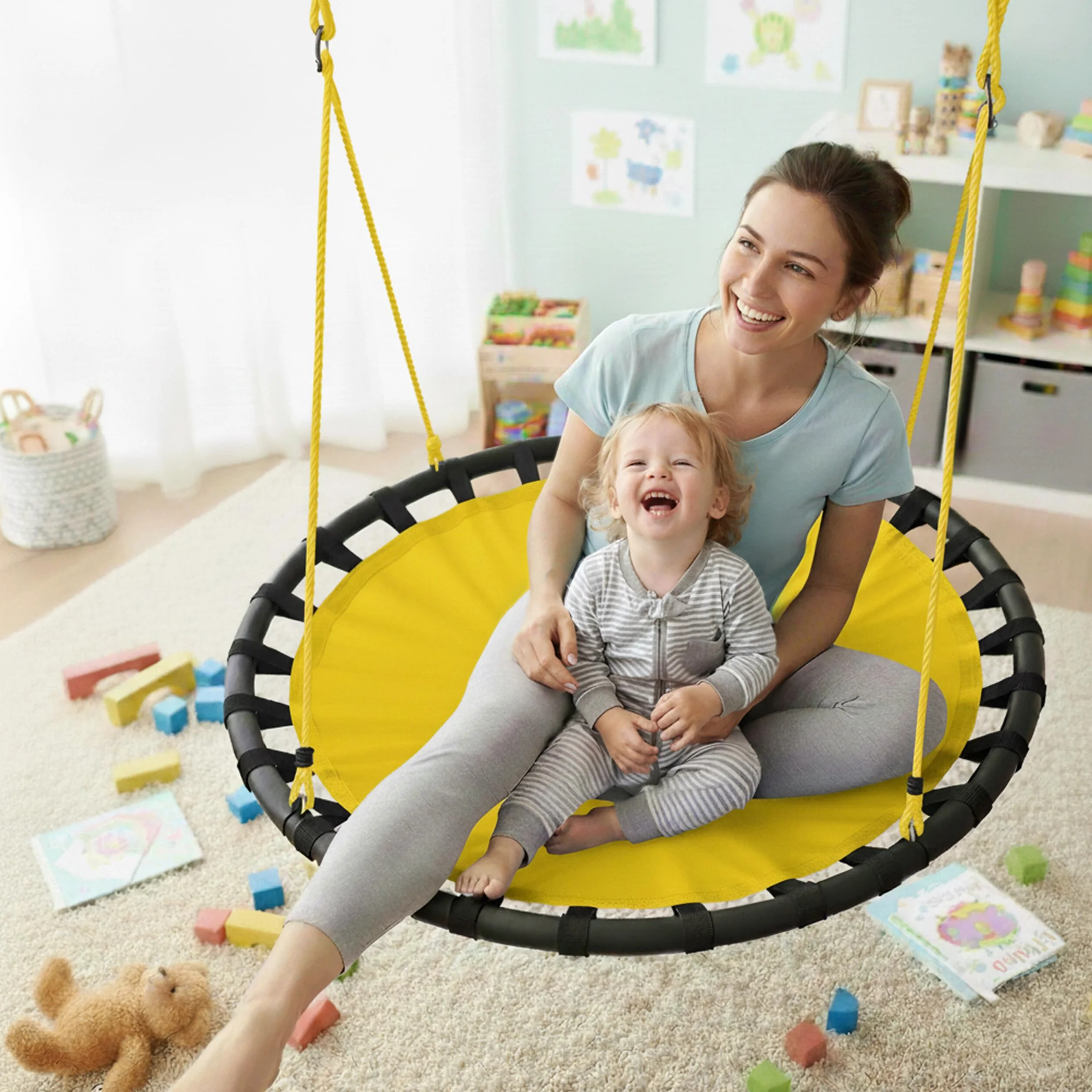 Relaxdays Altalena da Giardino a Nido, per Bambini e Adulti, Regolabile, Ø 120 cm, Portata Max. 100 kg, Gialla