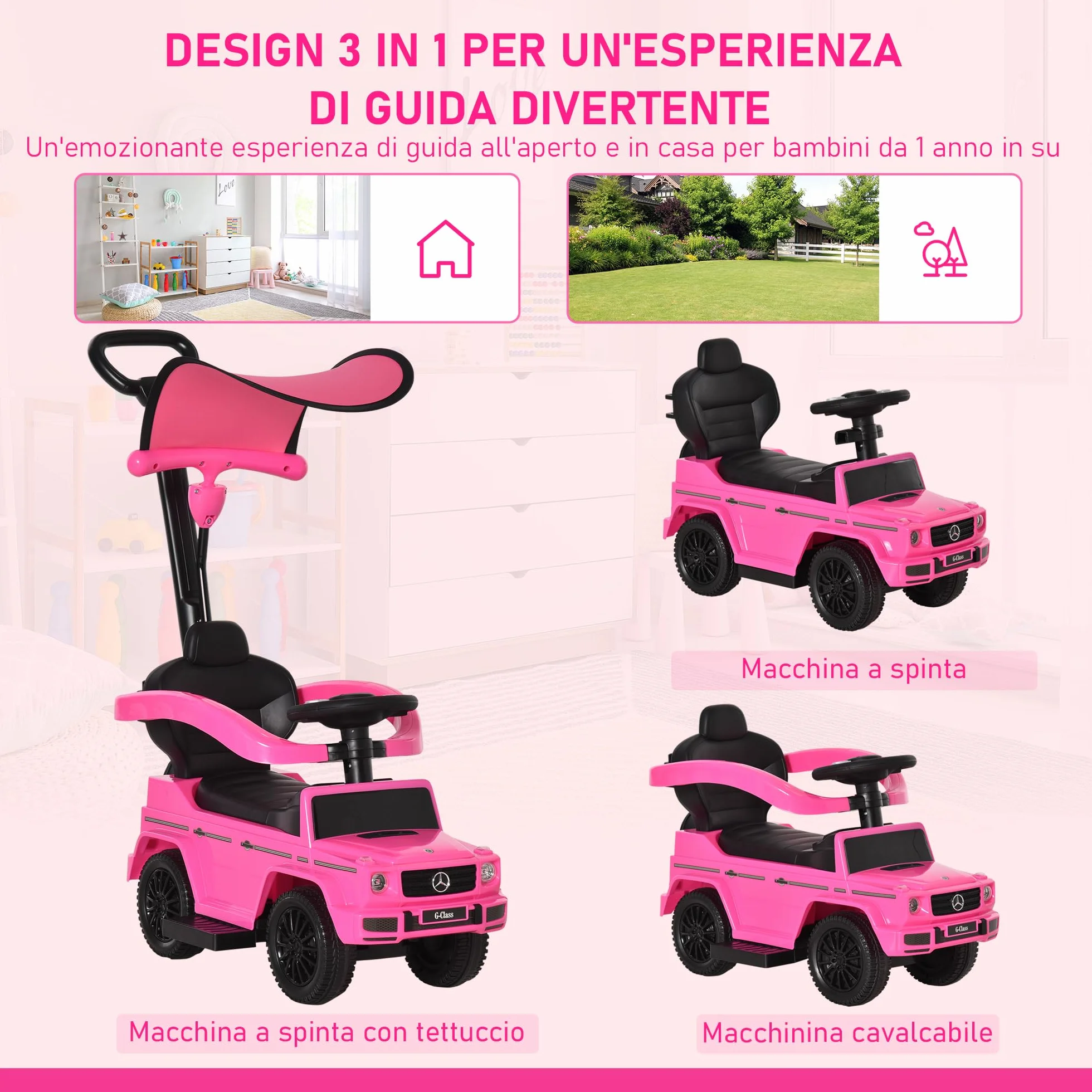 HOMCOM Macchina a Spinta per Bambini 12-36 Mesi con Licenza Mercedes-Benz G350, Giocattolo Macchina Cavalcabile con Tettuccio e Maniglia di Spinta, 85.5x40.5x95 cm, Rosa