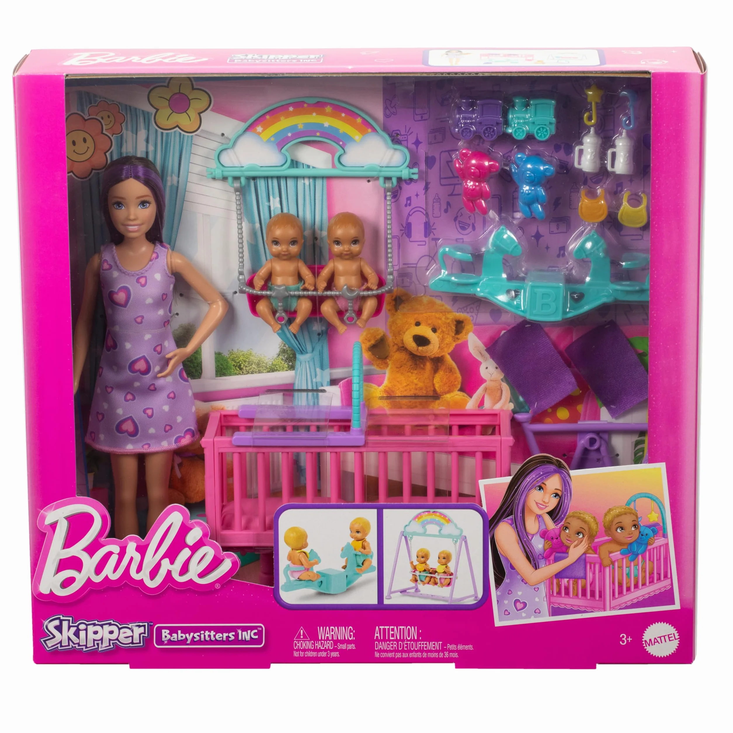 Barbie - Skipper Playset Cameretta, set con bambola Skipper e due gemelline, tanti accessori inclusi tra cui culla, altalena e dondolo, giocattolo per bambini, 3+ anni, HXM99