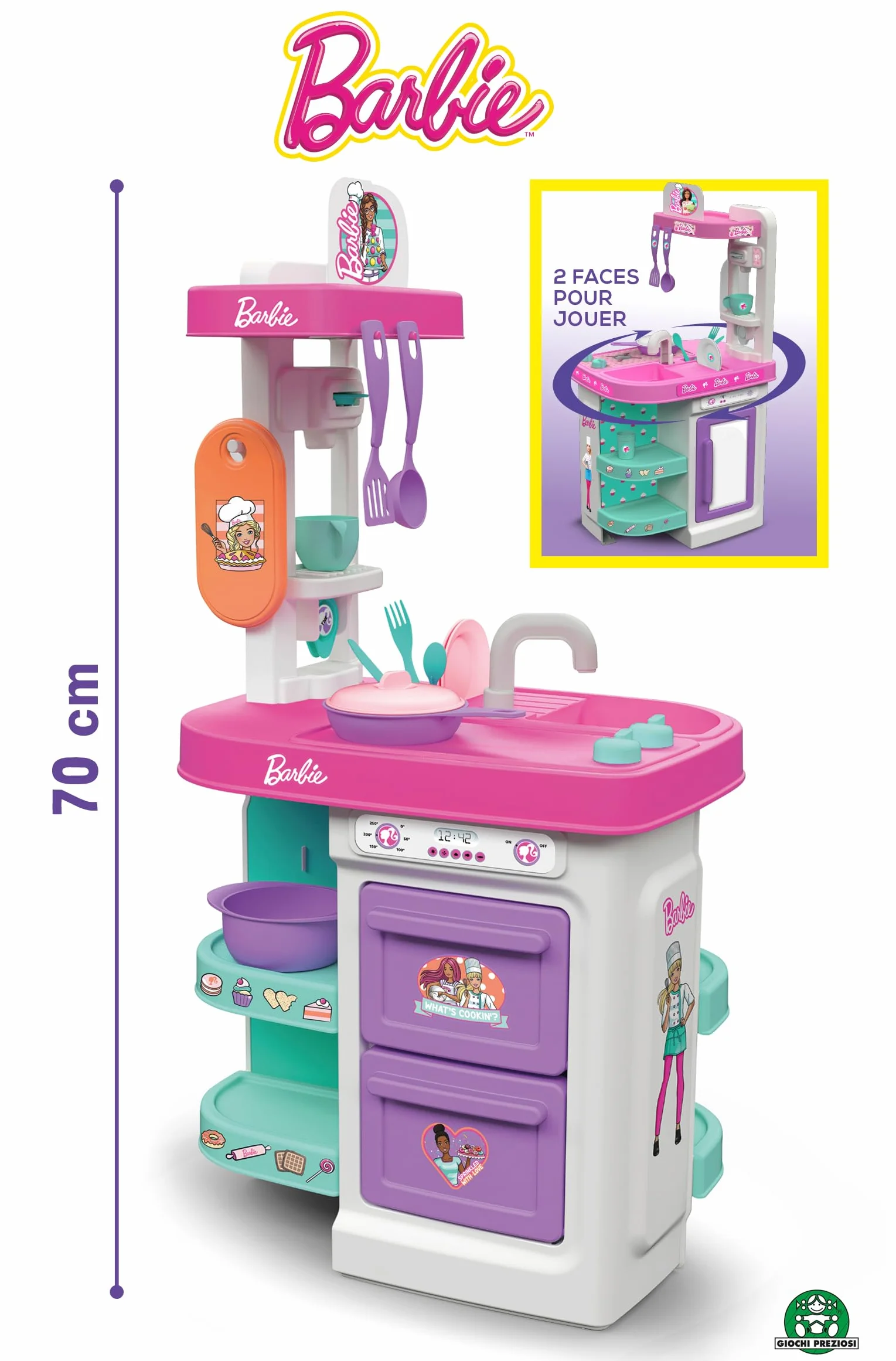 Grandi Giochi - Barbie Cucina Twist, cucina bifacciale 75 cm con tanti accessori - BAR49000