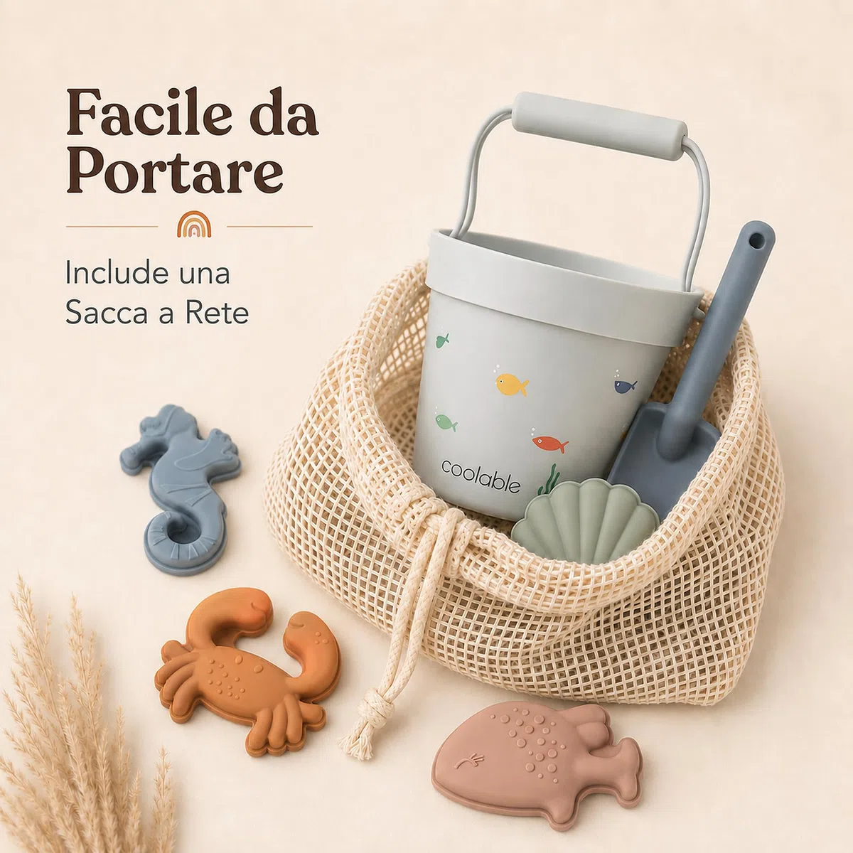 Set di 6 Giocattoli da Spiaggia in Silicone per Bambini - Secchiello Pieghevole, Paletta, 4 Formine e Borsa a Rete - Creature Marine