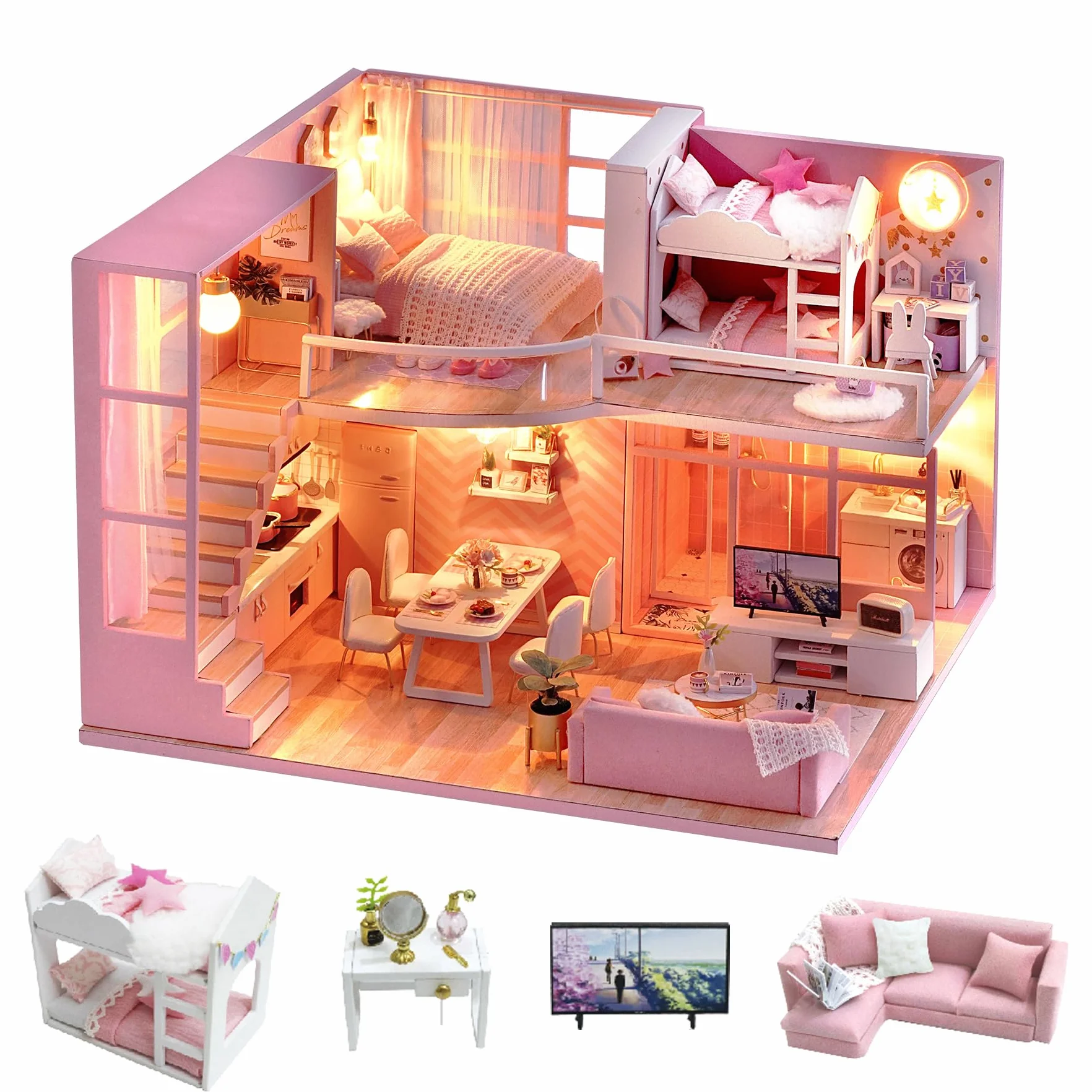 CUTEROOM Casa delle bambole in Miniatura Casa delle Bambole Legno in Kit con Mobili e Musica Casa Modello per Ragazze E Ragazzi
