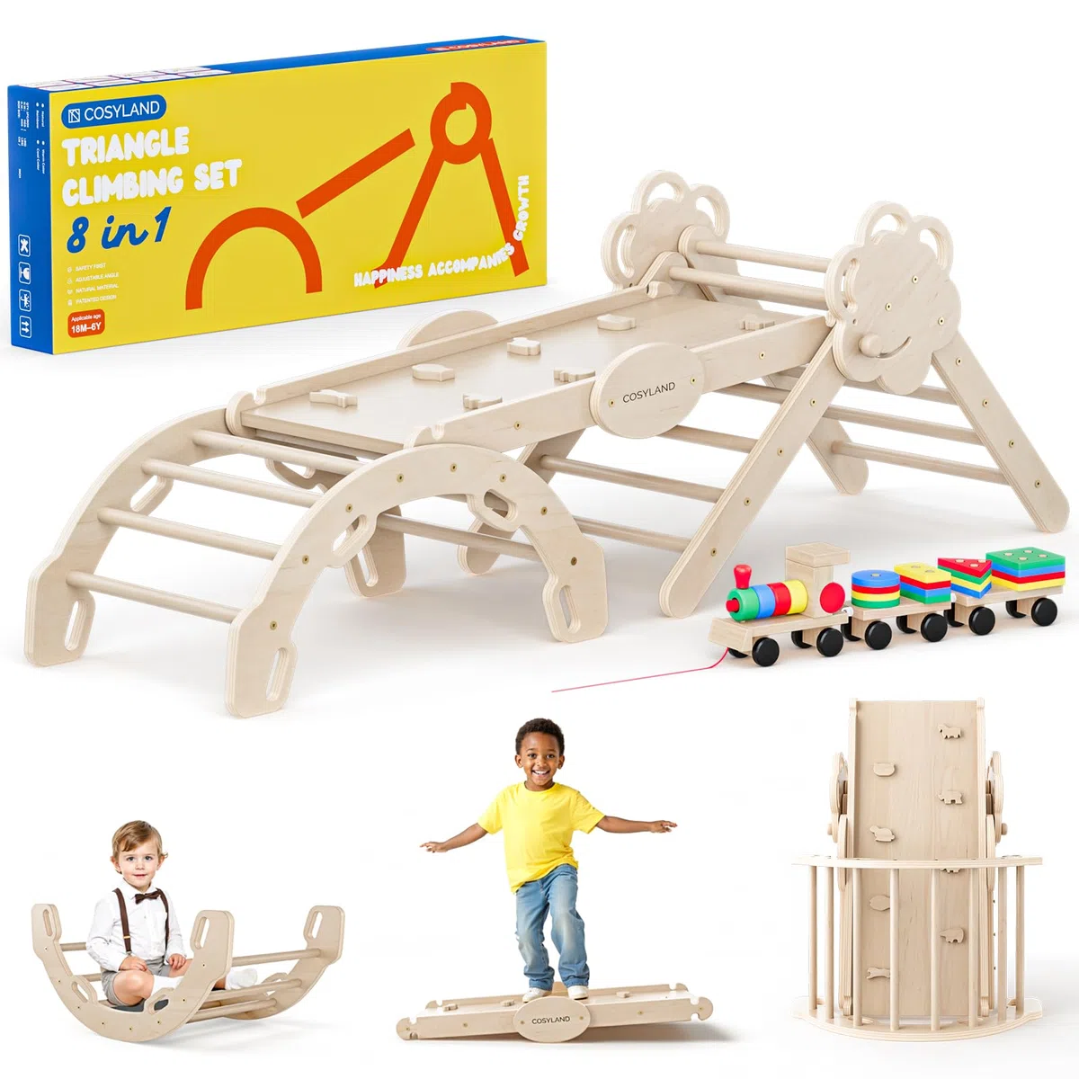 COSYLAND Triangolo di Pikler Regolabile 3 Livelli con Scivolo 8 in 1 per Bambini 18M-6Y Naturale