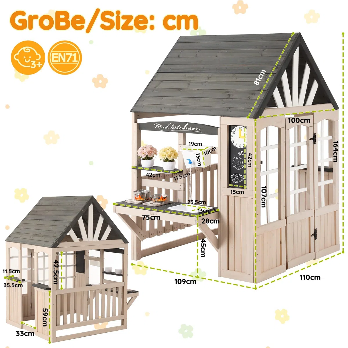 Casetta da Gioco in Legno per Bambini con Cucina Esterna, Lavandino, Lavagna, Accessori, Regalo 3+