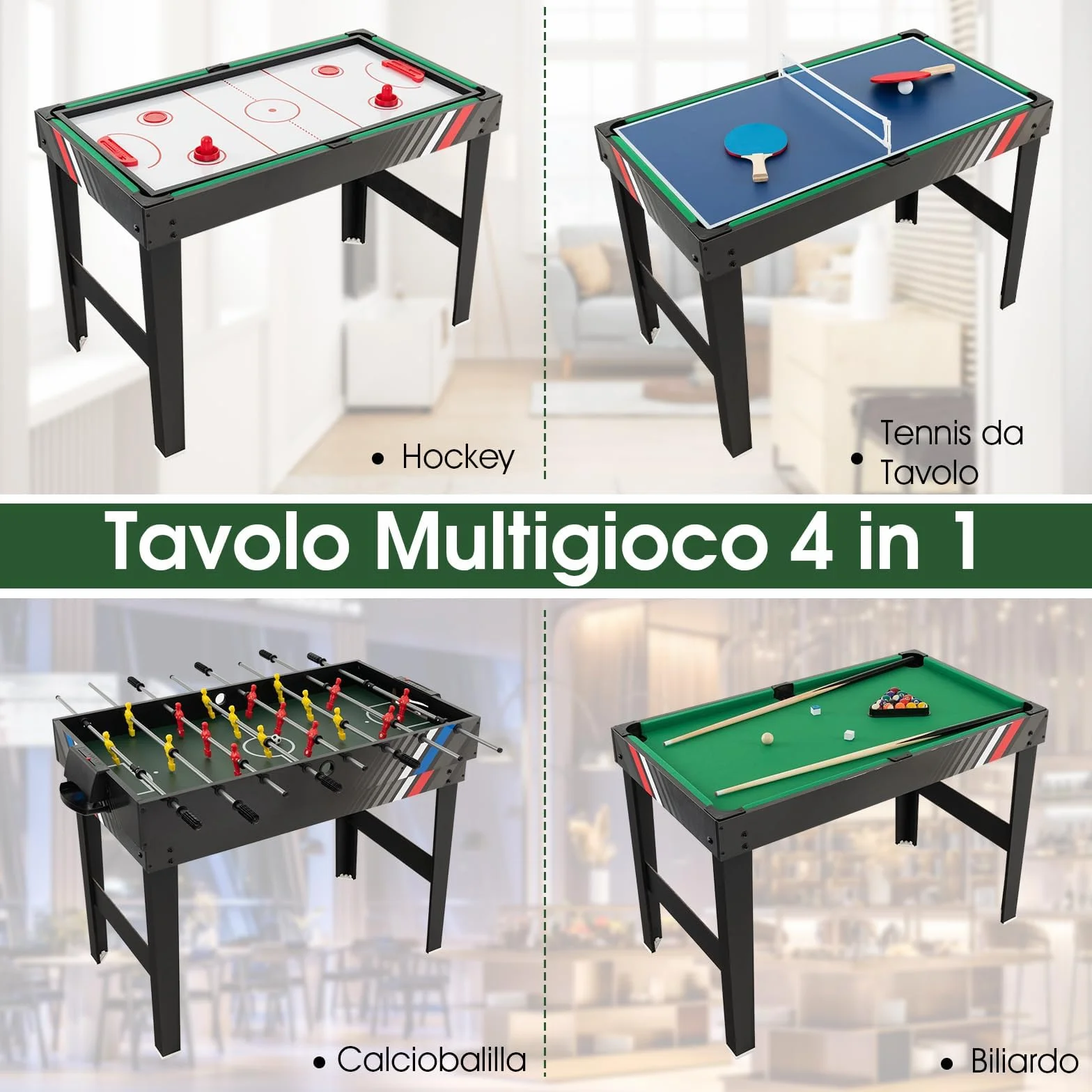 RELAX4LIFE 4 in 1 Tavolo Multigioco con Calcio Balilla, Biliardino, Ping pong e Hockey ad Aria, per Bambini e Adulti, Casa Ufficio Bar, 125x97x83 cm