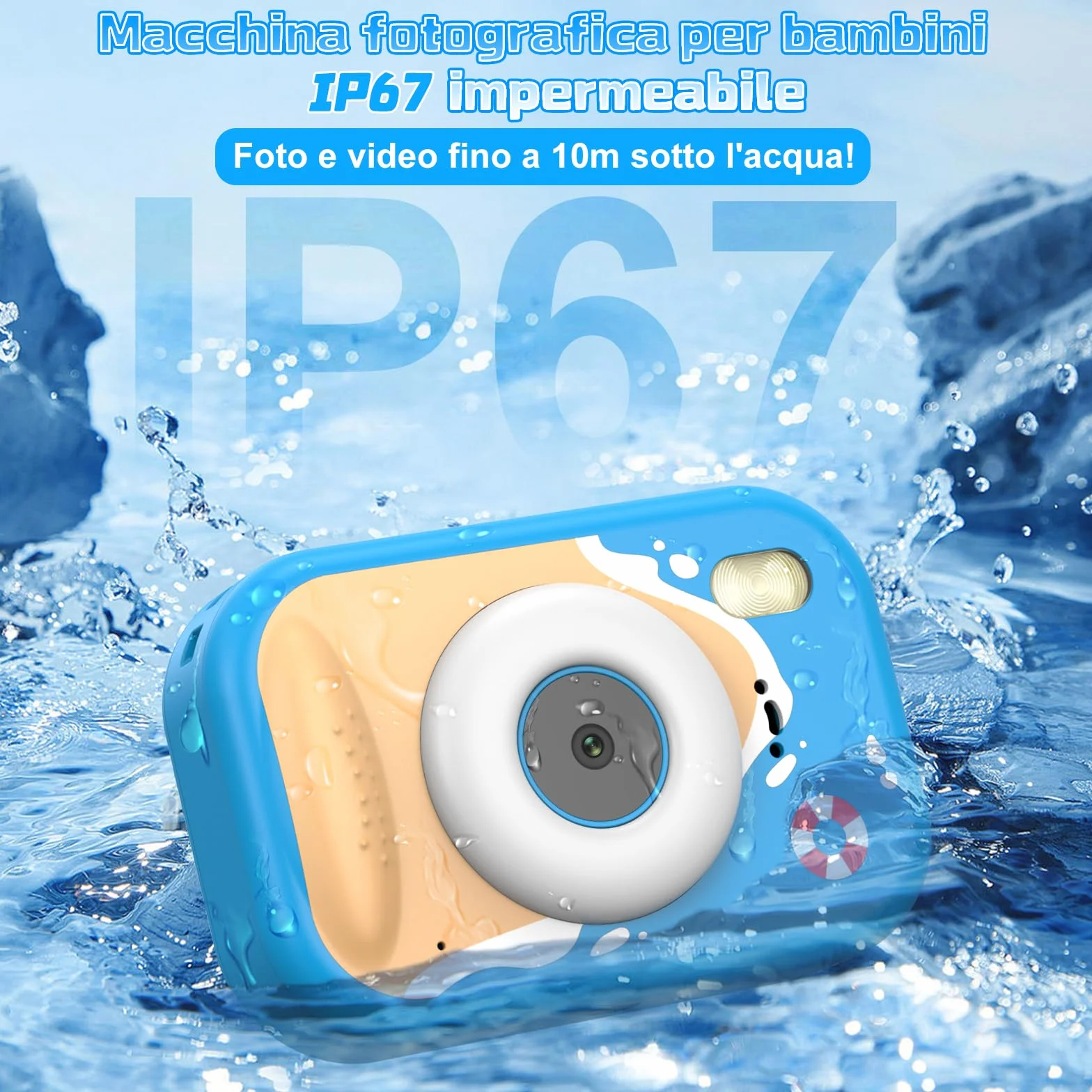 CHAKEYAKE Macchina Fotografica Bambini, 1080P IP67 Fotocamera Impermeabile Bambini con Zoom 10X, Schermo 2.4'', Scheda 32GB Inclusa, Giocattolo per Piscina e Spiaggia, Regalo per 3–12 Anni, Blu