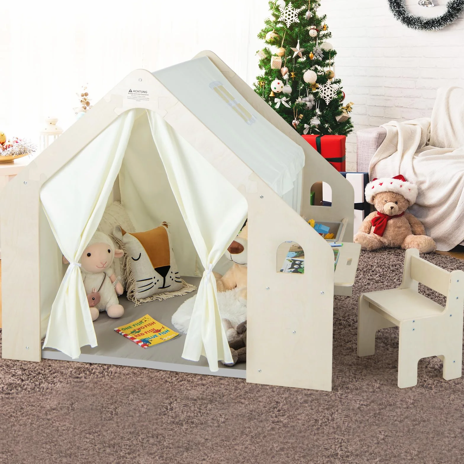HOMASIS 6 in 1 Tenda per Bambini da Interno, Tenda Gioco con Tavolo e Sedia per Bambini, Casa da Gioco con Tappetino, Lavagna, Scatola Portagiochi (1 Scatola)