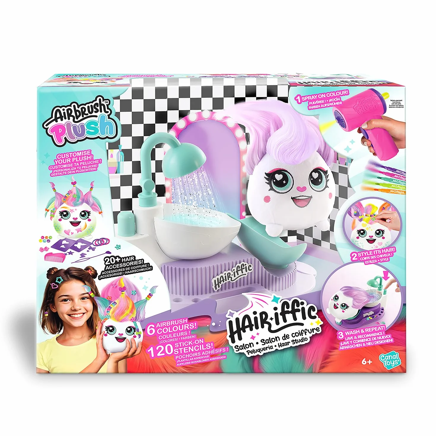 Canal Toys Hair'iffic Salon Airbrush Plush Doudou with Aerografo Stencil Stazione di Lavaggio Creativo Riutilizzabile