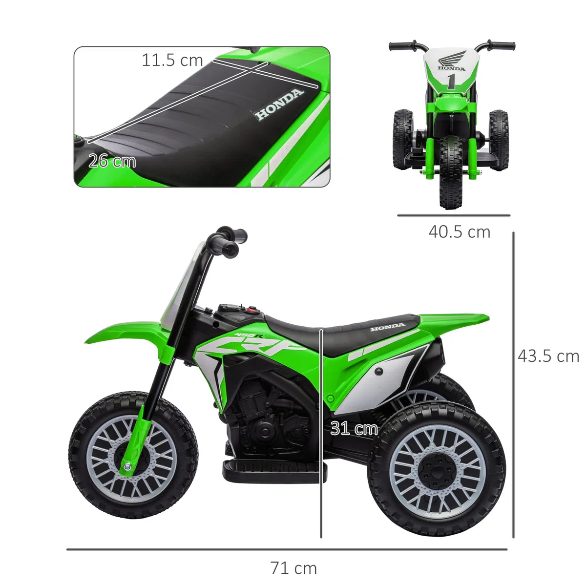 Moto da Cross Elettrica per Bambini HOMCOM Licenza Honda CRF450RL 3 Ruote 71x40.5x43.5 cm Verde